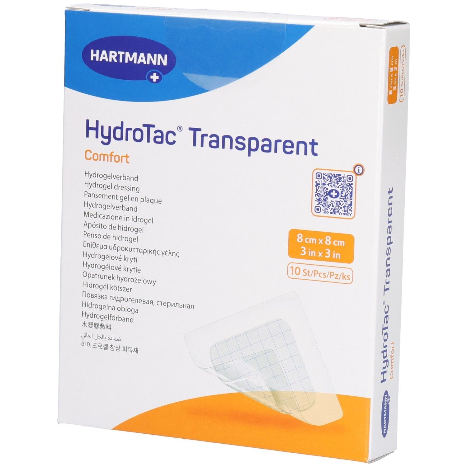 Hartmann HydroTac® Transparent Comfort Hydrogelverband-Verpackung. 8x8 cm, 10 Stück. Produktname und Größenangaben deutlich sichtbar.