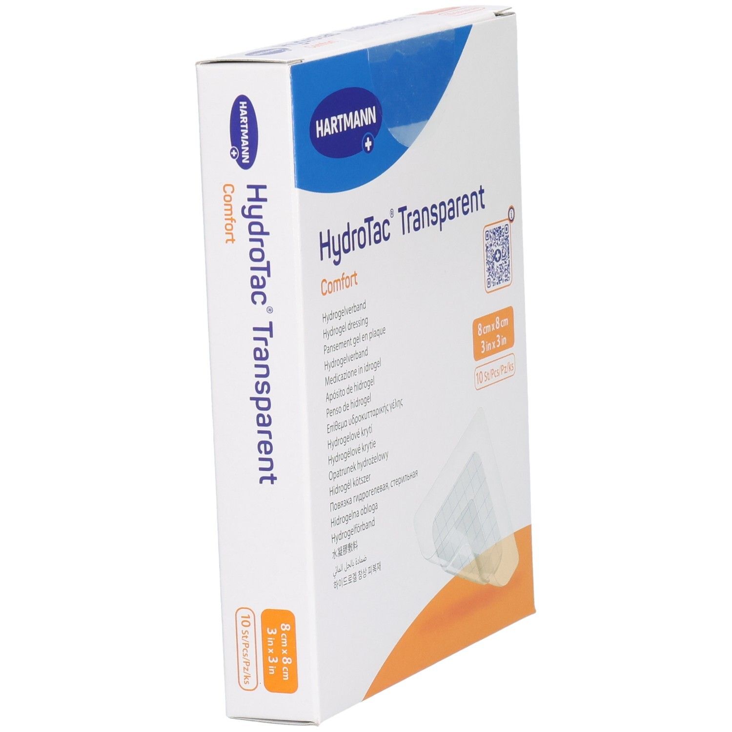 Hartmann HydroTac® Transparent Comfort Verpackung, schräg. Produktname, Größenangaben und Packungsinhalt deutlich sichtbar.