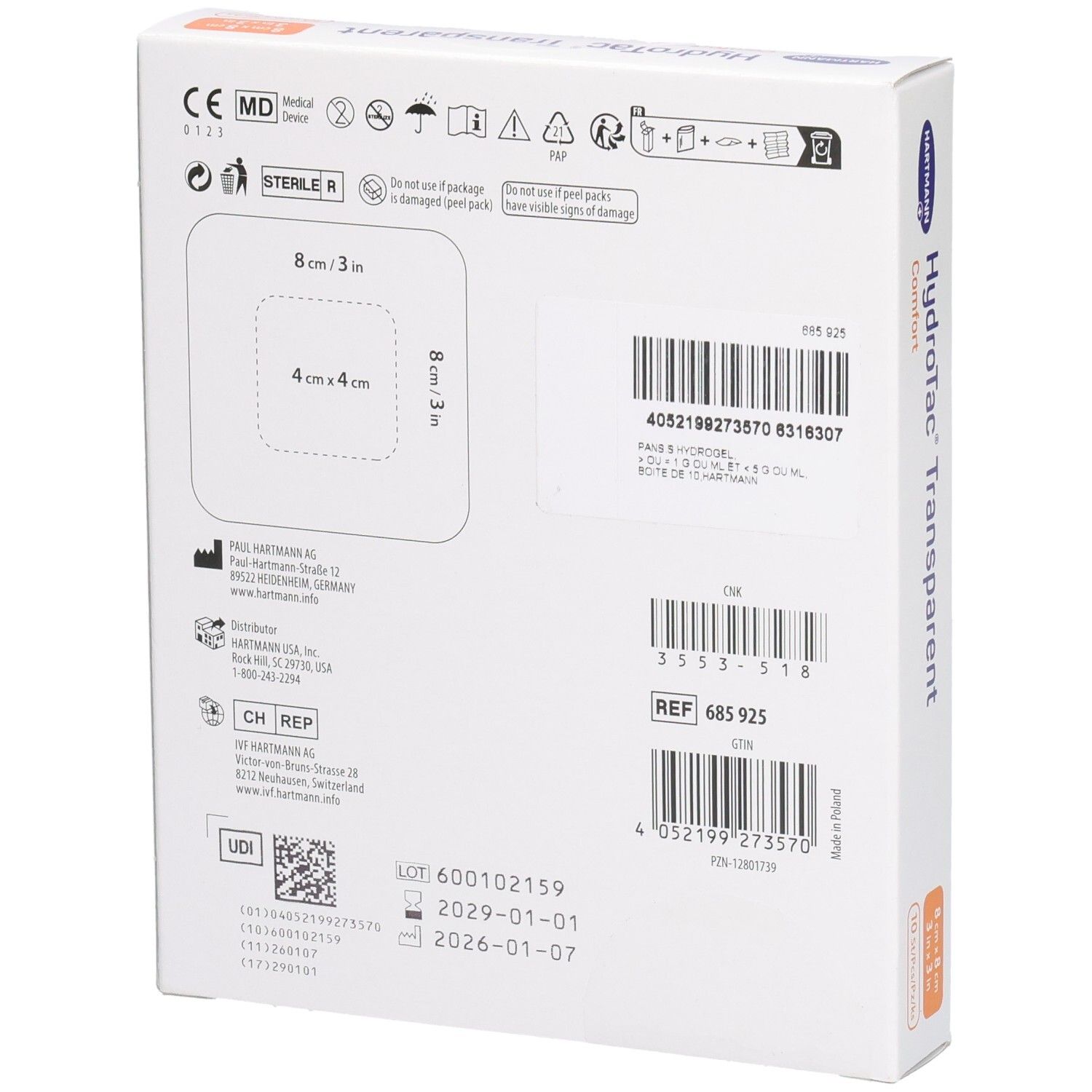 Rückseite der Hartmann HydroTac® Transparent Comfort Verpackung. Größenangaben, Chargennummer, und Zertifizierungen sind sichtbar.