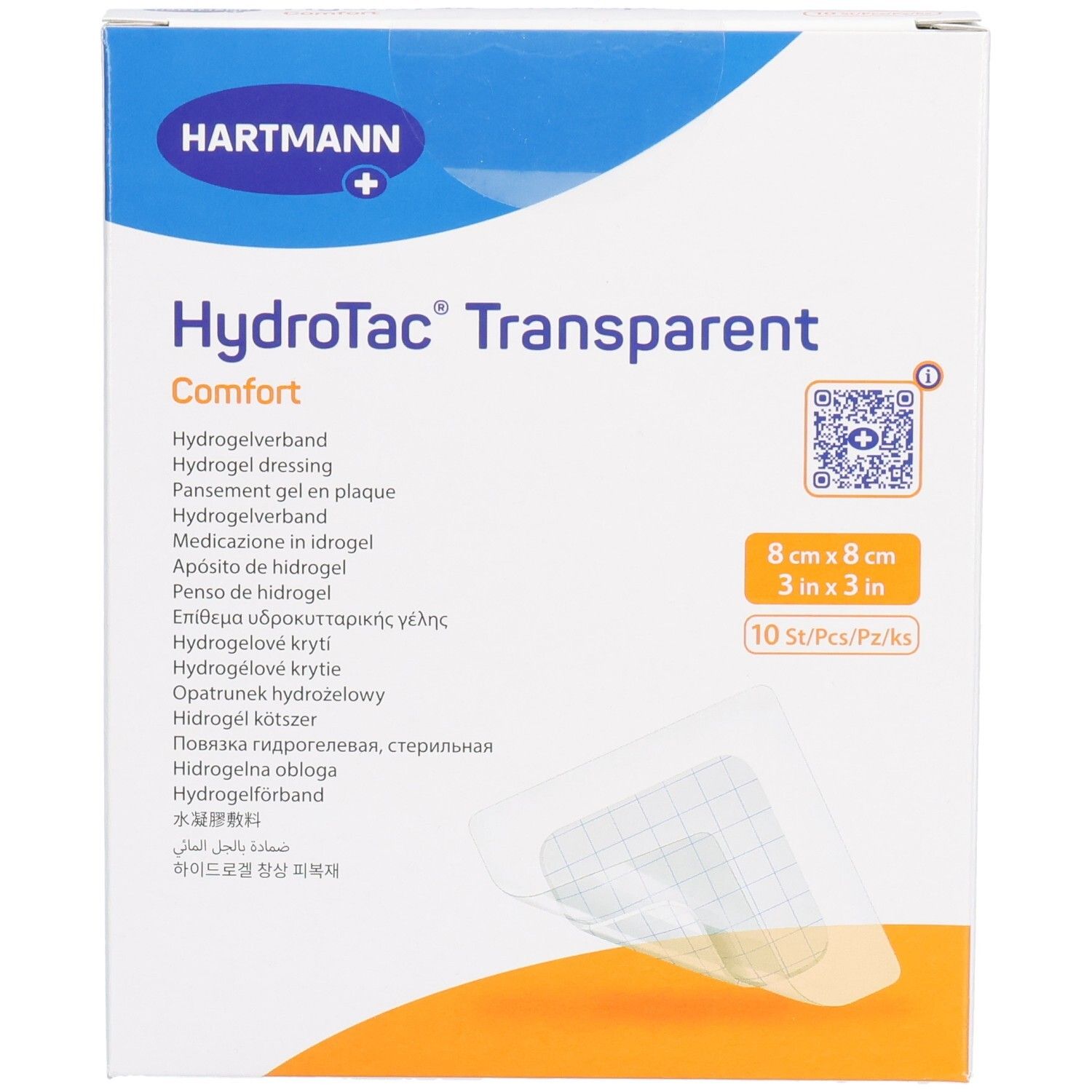 Hartmann HydroTac® Transparent Comfort Verpackung. 8x8 cm, 10 Stück. Produktname und Größenangaben deutlich sichtbar.
