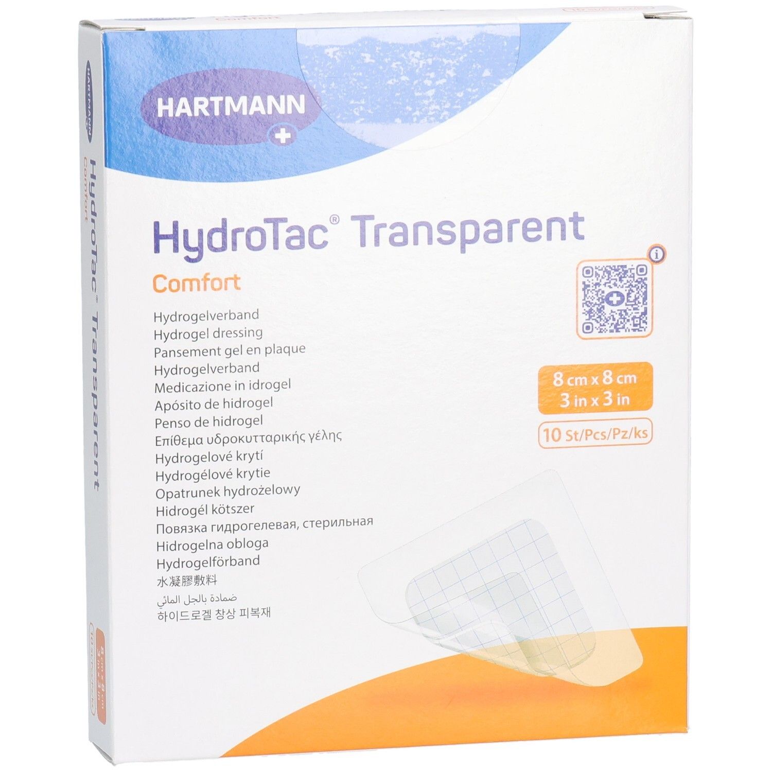 Hartmann HydroTac® Transparent Comfort Verpackung. 8x8 cm, 10 Stück. Produktname und Größenangaben deutlich sichtbar.
