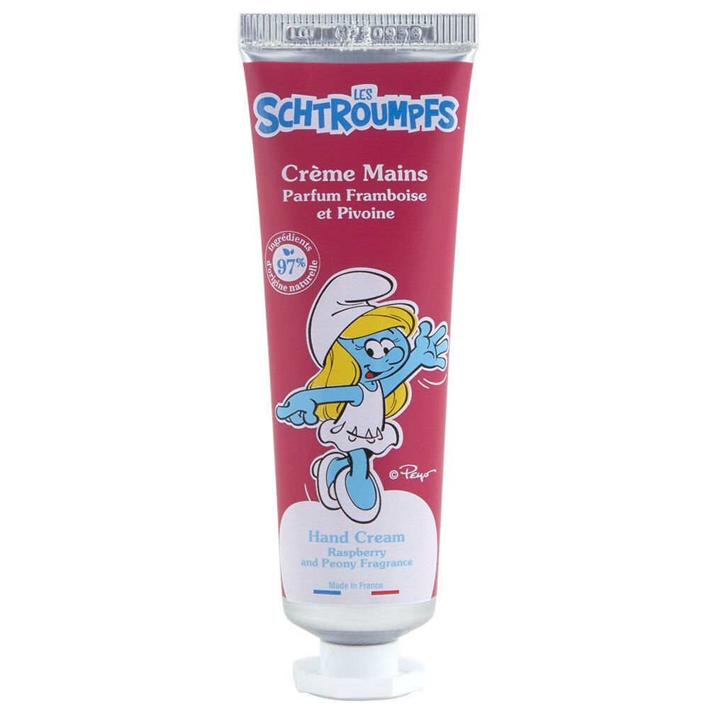 Handcreme-Tube, rosa. Aufdruck: Les Schtroumpfs, Crème Mains, Himbeere und Pfingstrose. Abbildung: Schlumpfine.