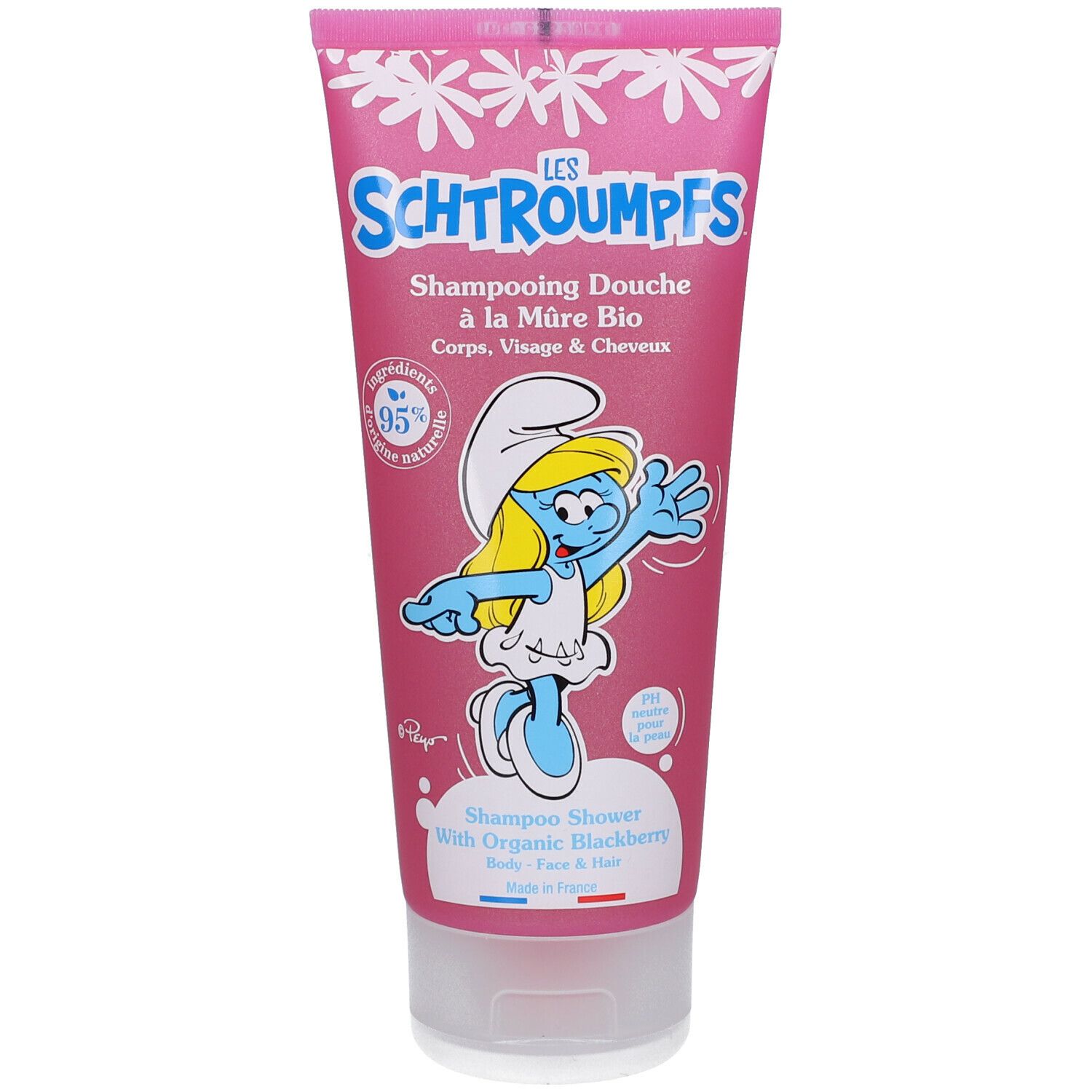 Rosa Tube mit "Les Schtroumpfs"-Aufdruck. Smurfette-Figur. "Shampooing Douche"-Text. Bio-Zertifizierung.