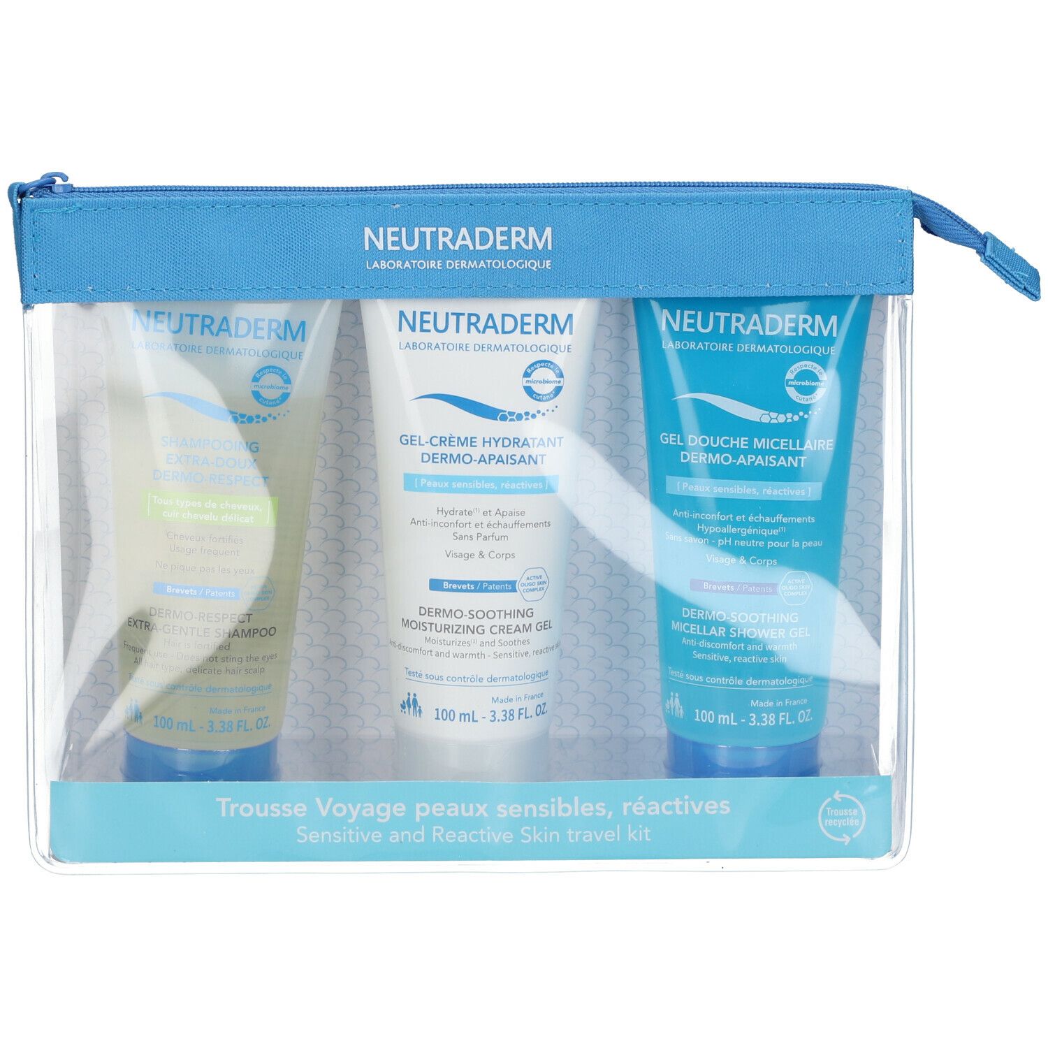 Neutraderm Reise-Set mit drei Tuben in einer transparenten Tasche. Blaue Reißverschluss. Produktnamen sichtbar.