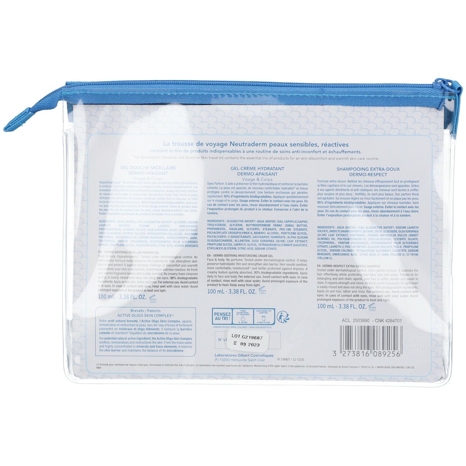 Rückseite der Neutraderm Reise-Set Tasche. Text und Produktinformationen auf transparentem Hintergrund. Blaue Reißverschluss.