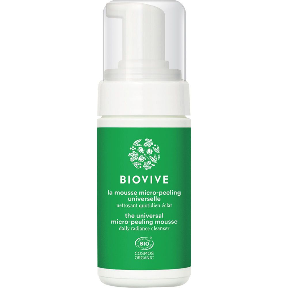 BIOVIVE Mikro-Peeling-Schaum-Flasche. Weißer Spender mit grünem Etikett. Enthält BIO-Zertifizierung.