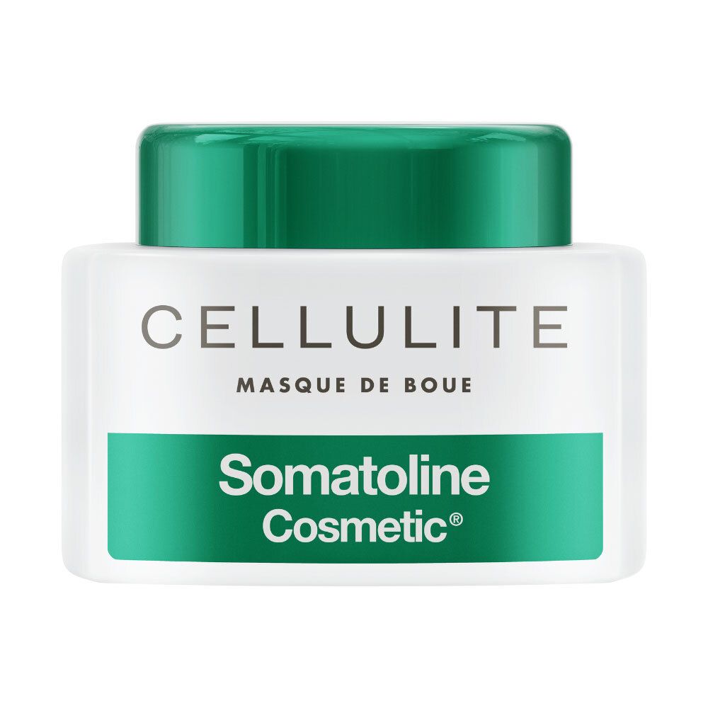 Weißer Tiegel mit grünem Deckel. Aufschrift CELLULITE MASQUE DE BOUE und Somatoline Cosmetic®.