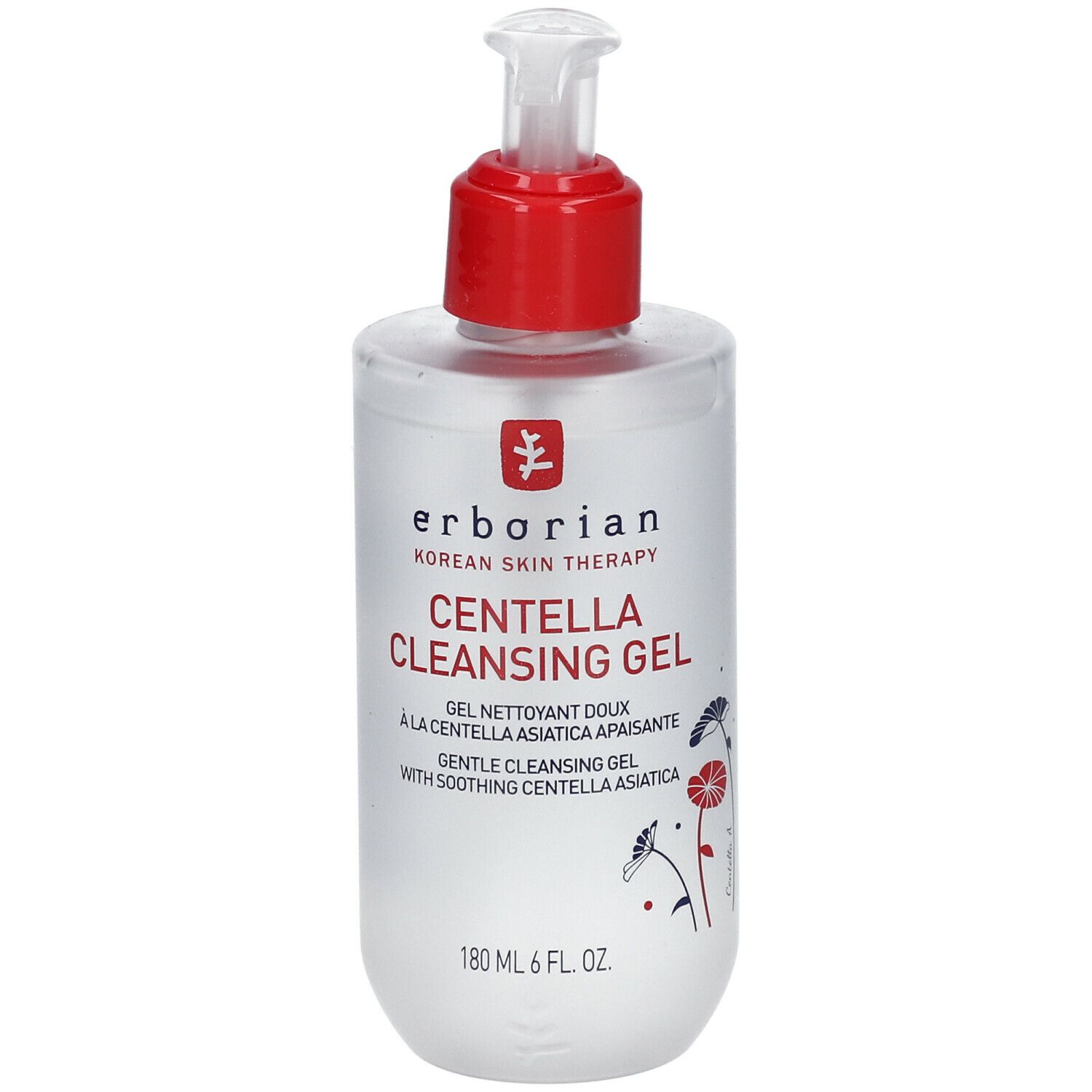 Erborian Centella Cleansing Gel. Transparente Flasche mit rotem Pumpkopf. Produktname und Logo deutlich sichtbar.