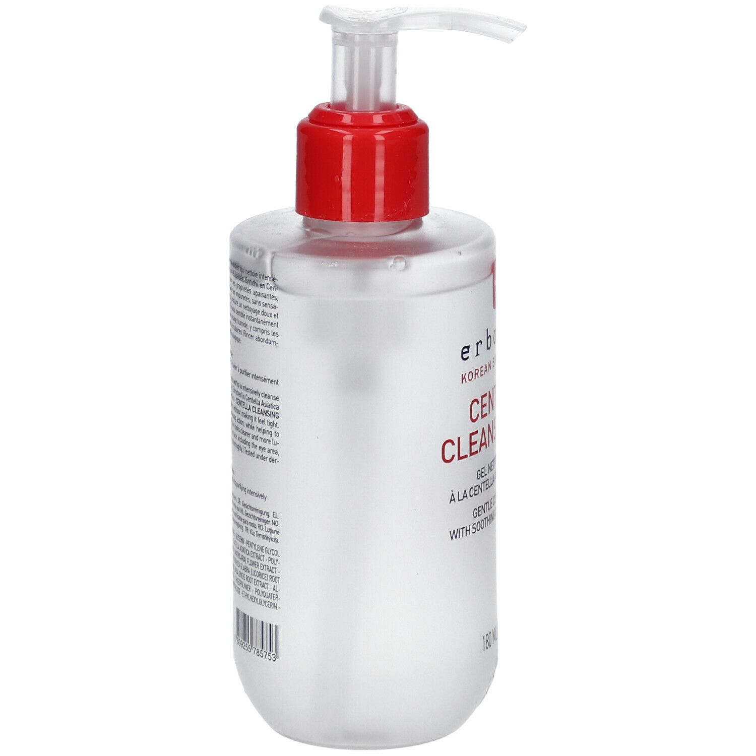 Erborian Centella Cleansing Gel. Transparente Flasche mit rotem Pumpkopf. Produktname und Logo deutlich sichtbar.