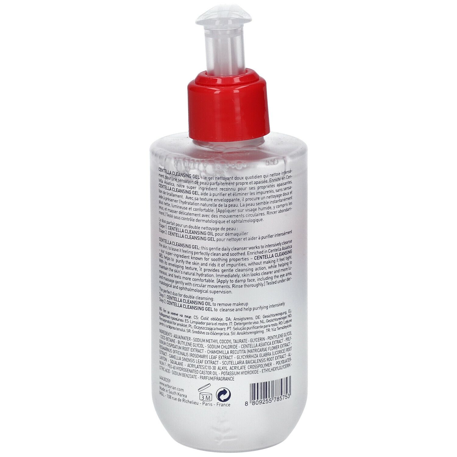 Erborian Centella Cleansing Gel. Transparente Flasche mit rotem Pumpkopf. Produktname und Logo deutlich sichtbar.