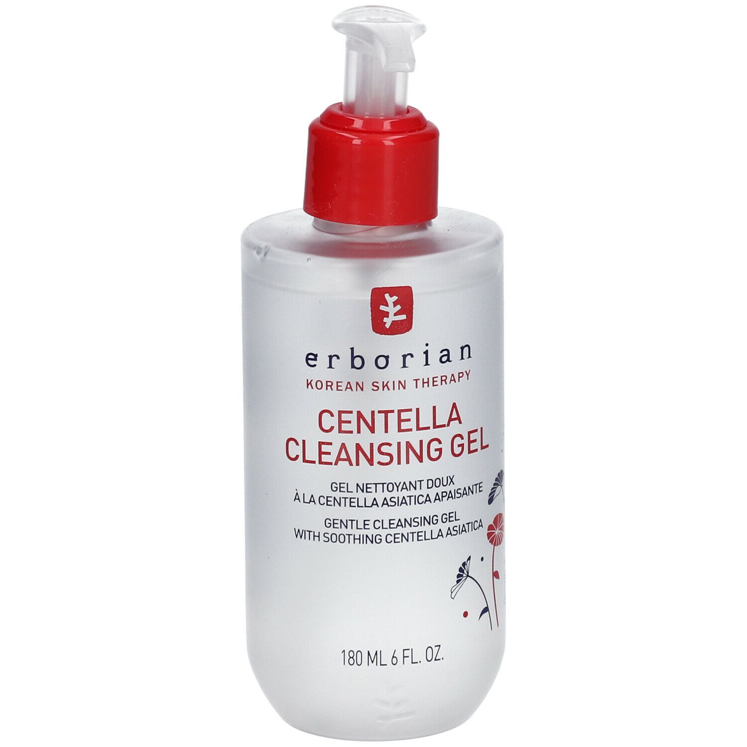 Erborian Centella Cleansing Gel. Transparente Flasche mit rotem Pumpkopf. Produktname und Logo deutlich sichtbar.