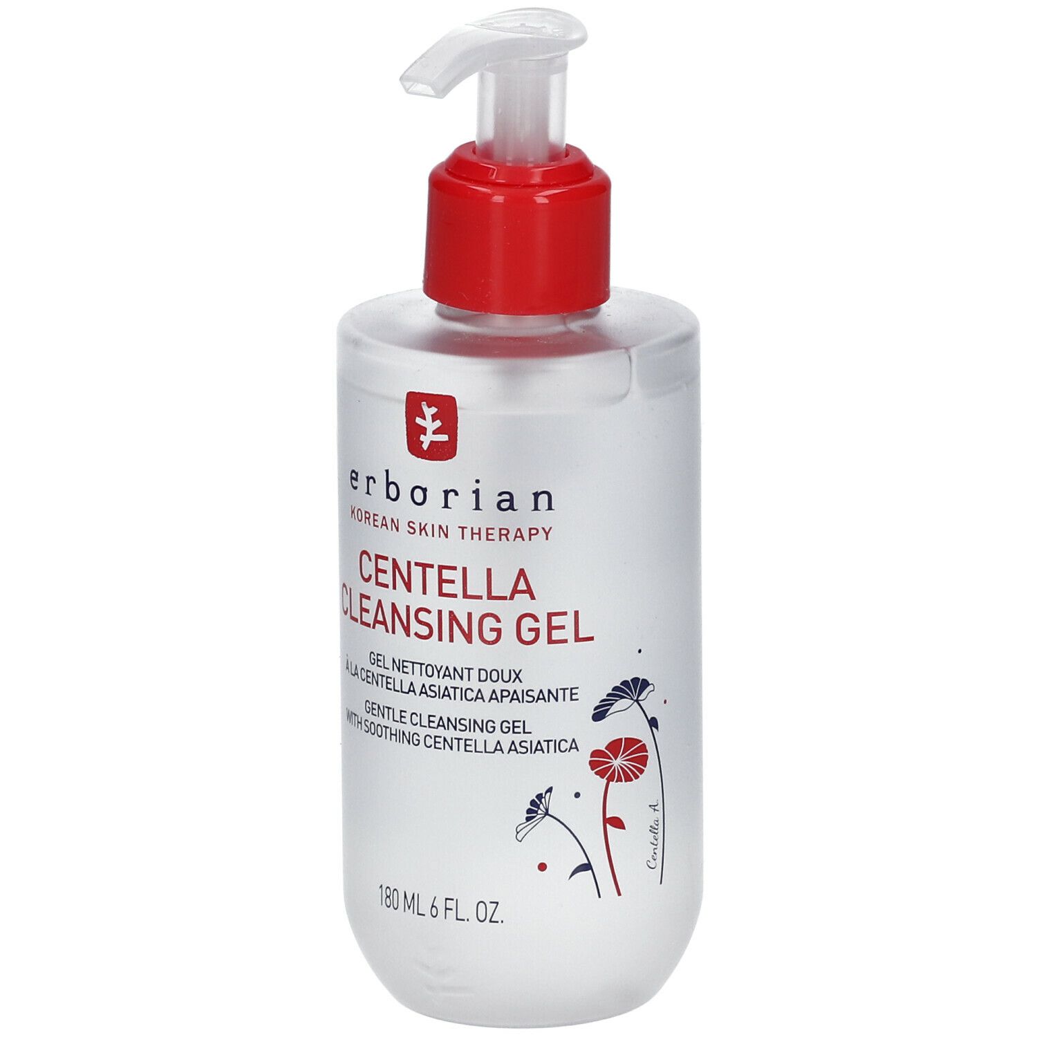 Erborian Centella Cleansing Gel. Transparente Flasche mit rotem Pumpkopf. Produktname und Logo deutlich sichtbar.