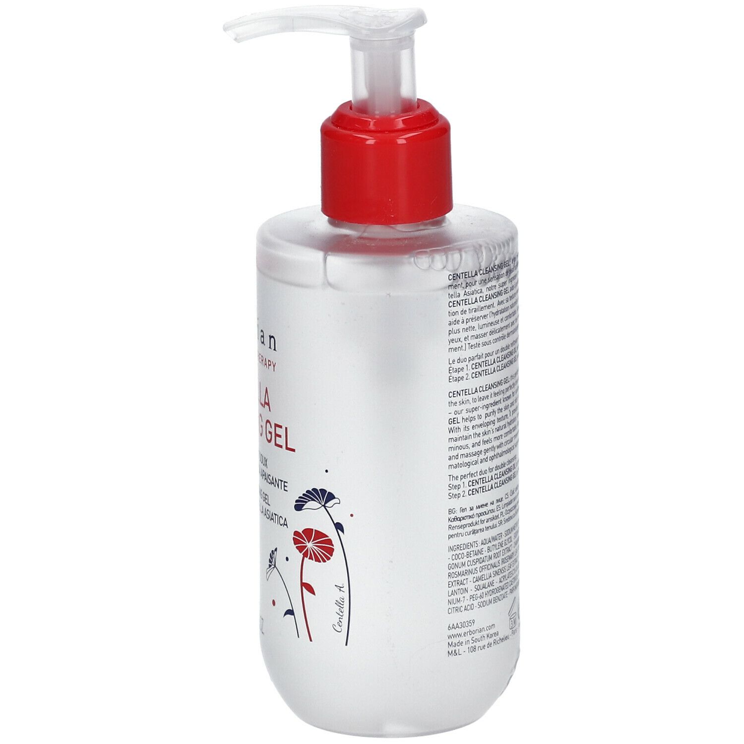 Erborian Centella Cleansing Gel. Transparente Flasche mit rotem Pumpkopf. Produktname und Logo deutlich sichtbar.