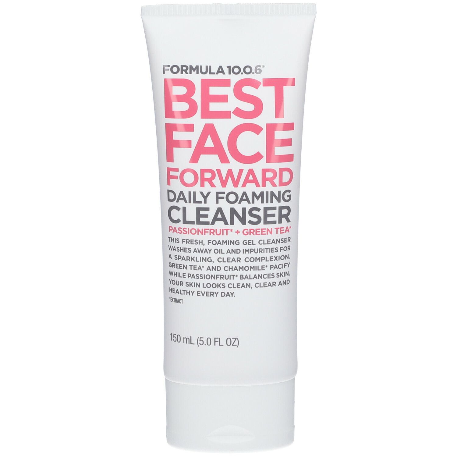 Weiße Tube mit rosa Schrift. FORMULA 10.0.6, BEST FACE FORWARD, tägliches Reinigungsgel. 150 ml.