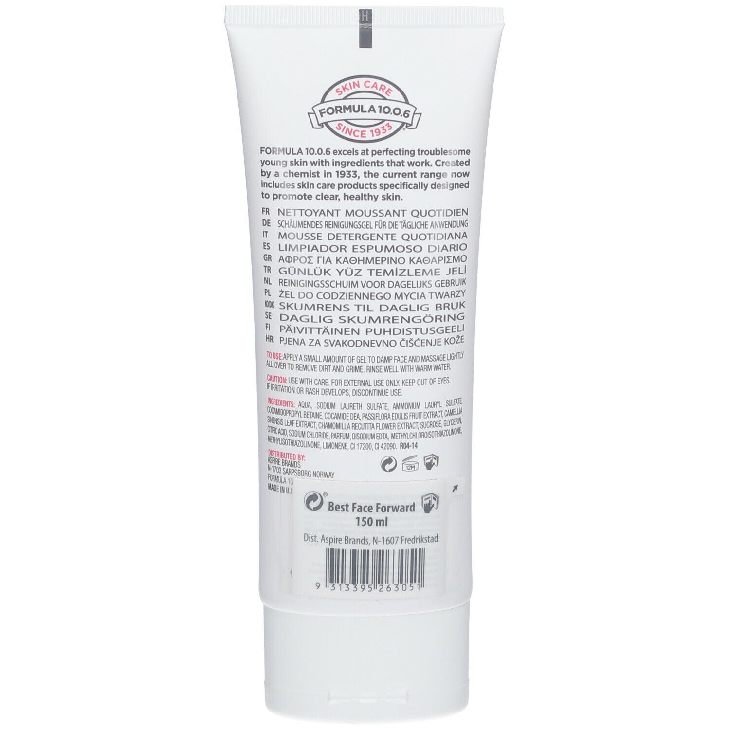 Rückseite der Tube. Text in mehreren Sprachen. FORMULA 10.0.6, seit 1933. 150 ml. Inhaltsstoffe.