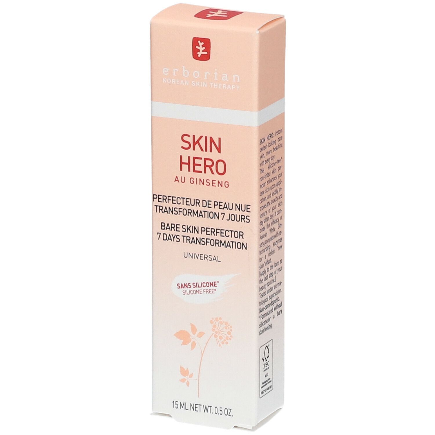 Erborian Skin Hero Verpackung. Rosa-weißes Rechteck mit Produktnamen und Text. 15 ml Nettoinhalt.