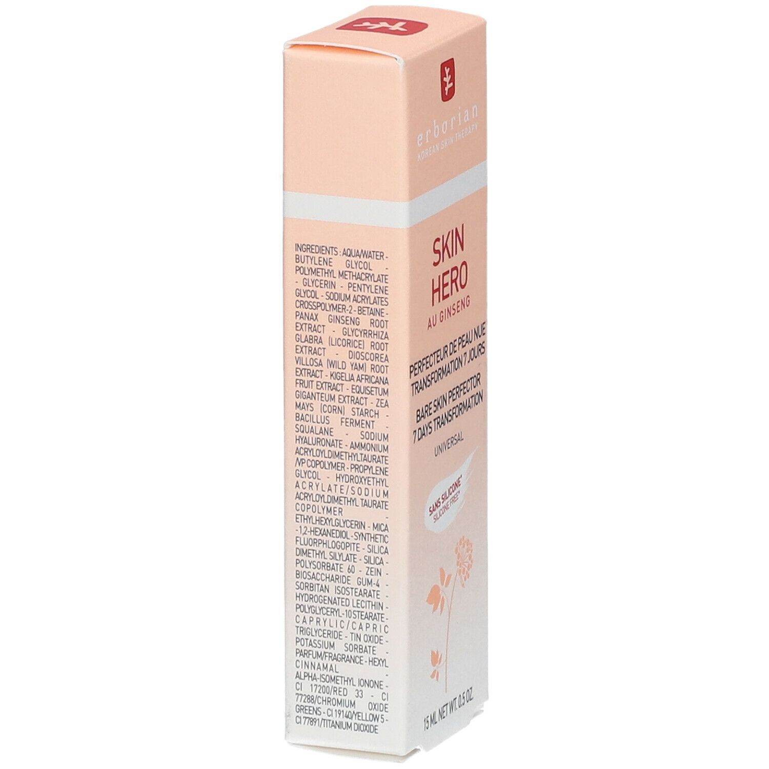 Erborian Skin Hero Verpackung, Rückseite. Rosa-weißes Rechteck mit Inhaltsstoffen und Text. 15 ml Nettoinhalt.