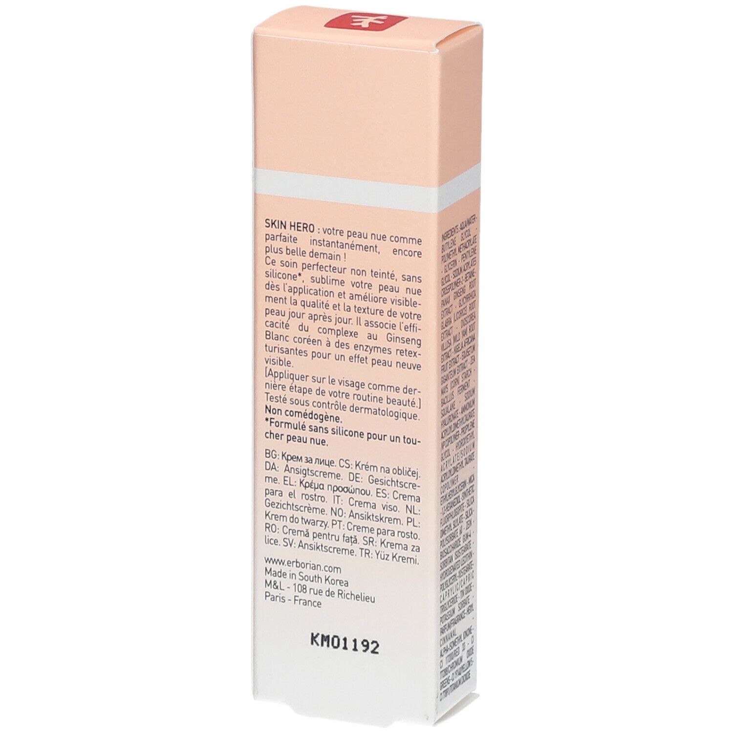 Erborian Skin Hero Verpackung, Rückseite. Rosa-weißes Rechteck mit Produktinformationen und Text. 15 ml Nettoinhalt.