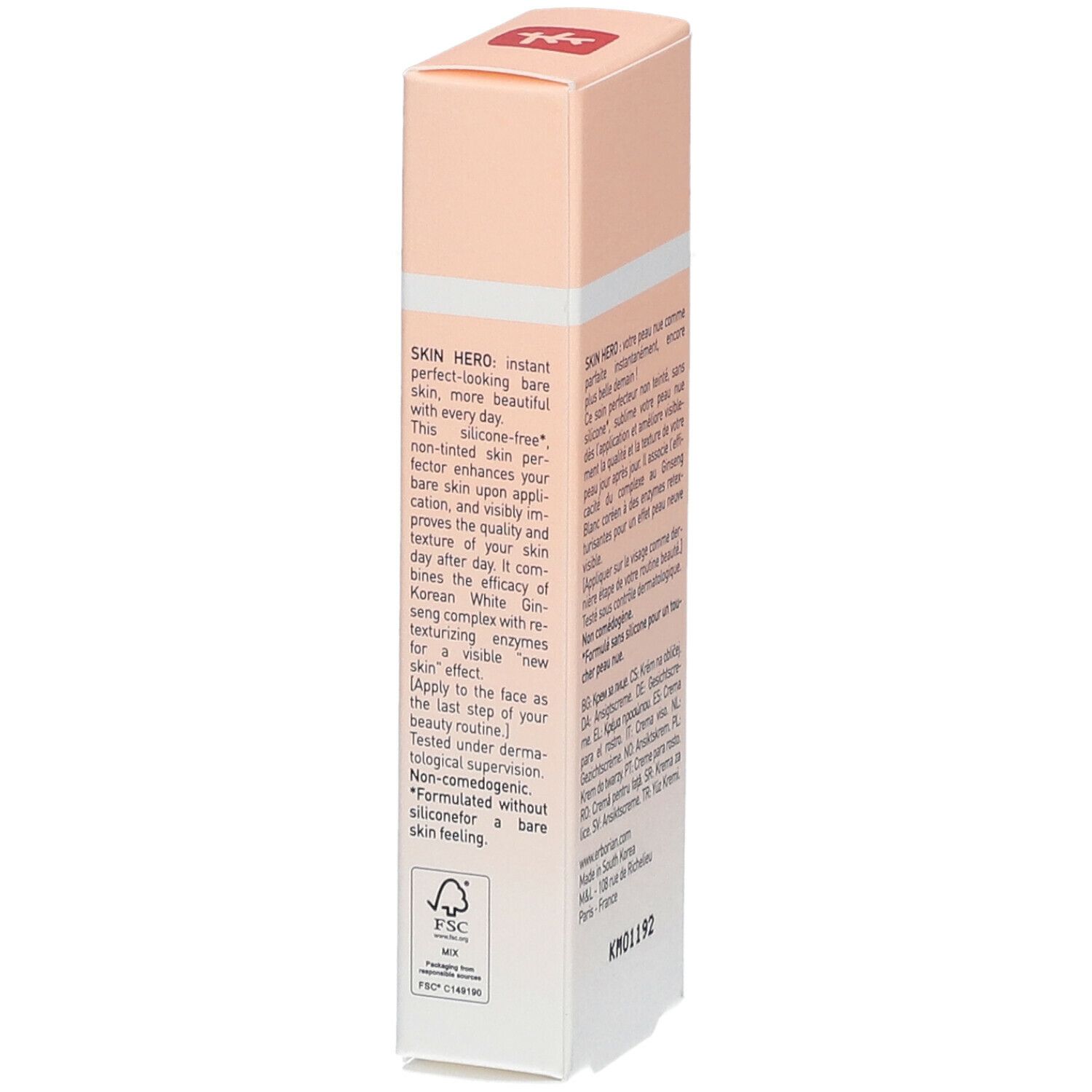 Erborian Skin Hero Verpackung, Rückseite. Rosa-weißes Rechteck mit Produktinformationen und Text. 15 ml Nettoinhalt.