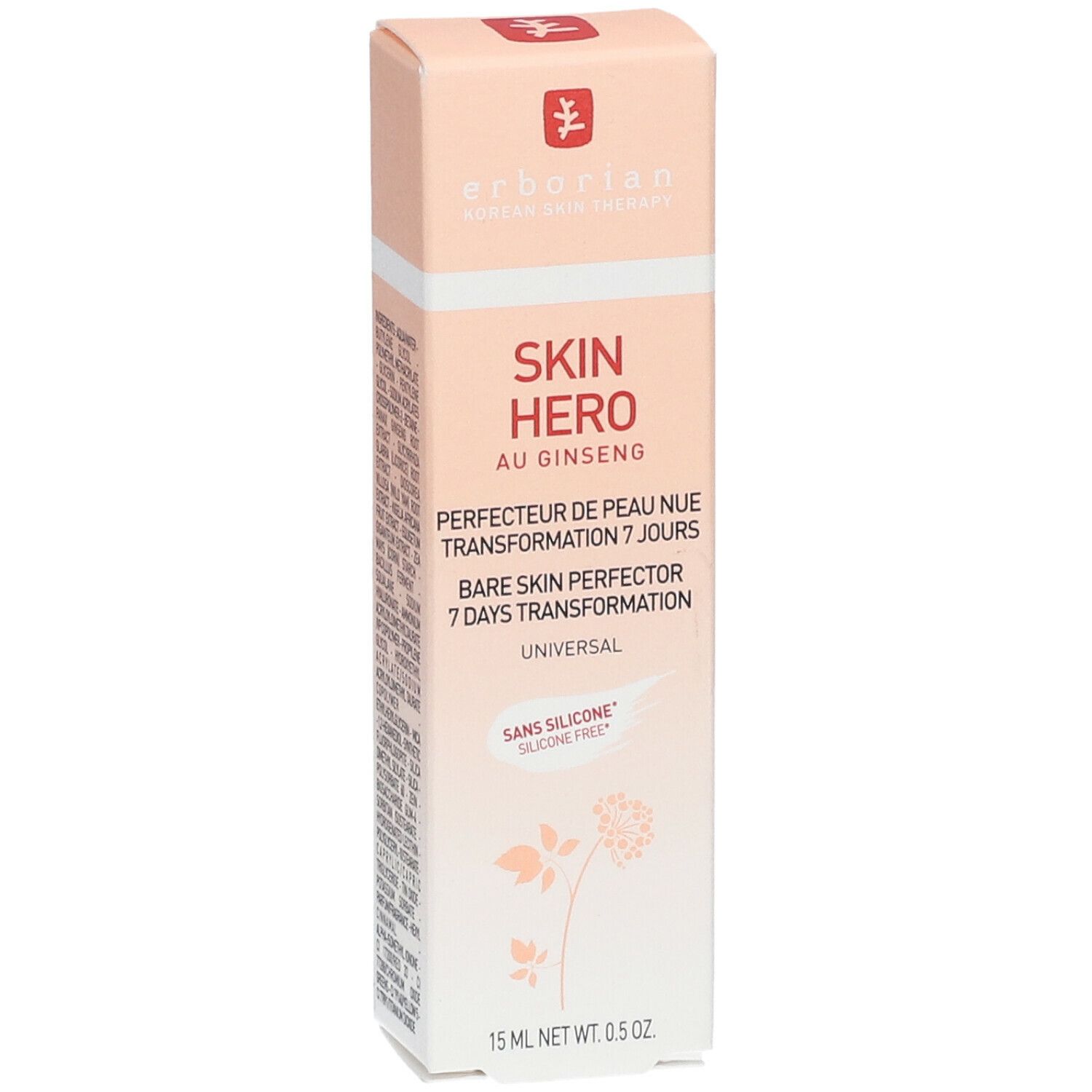 Erborian Skin Hero Verpackung. Rosa-weißes Rechteck mit Produktnamen und Text. 15 ml Nettoinhalt.
