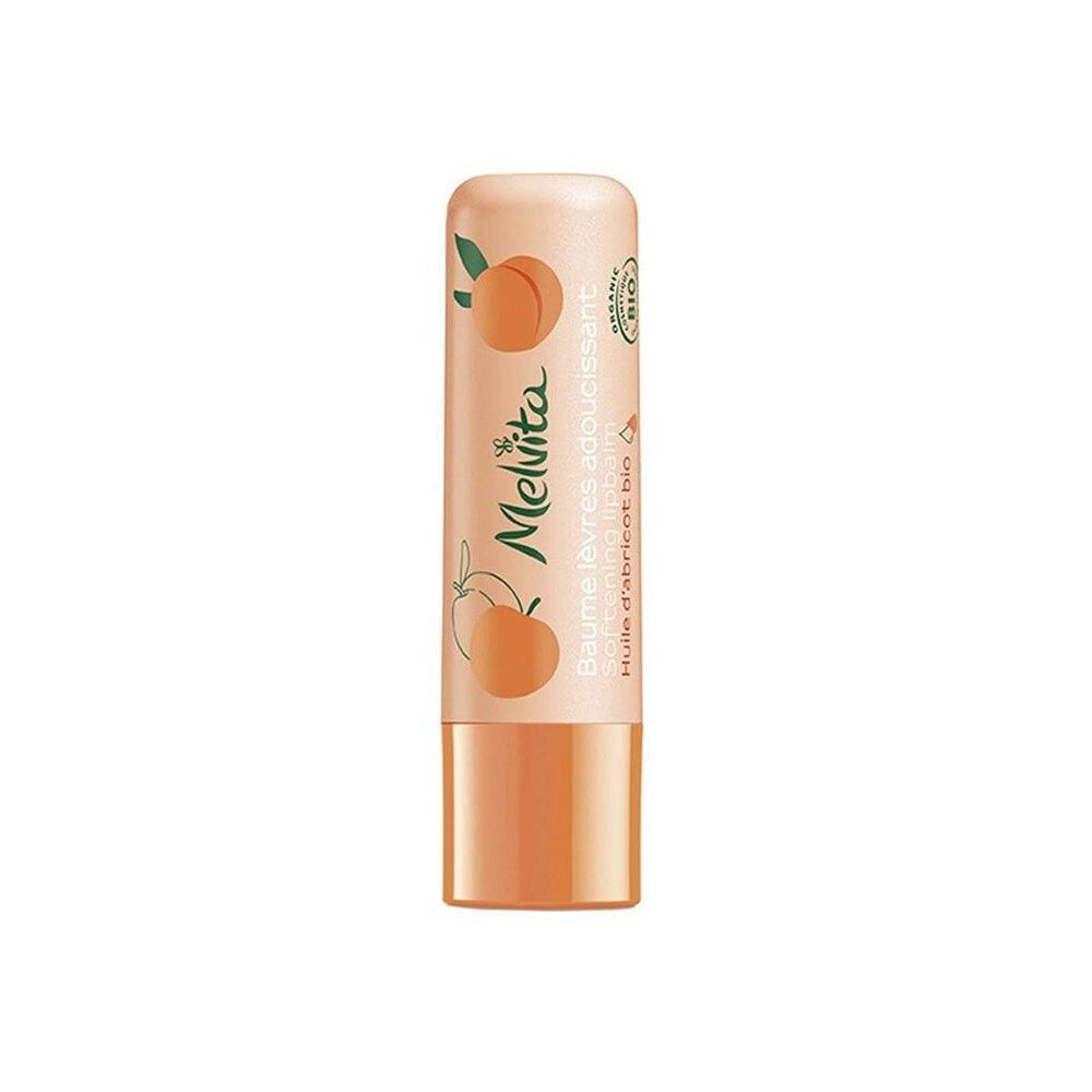 Lippenbalsam-Stift. Zylindrische Form, apricotfarben. Aufschrift: Melvita, Baume lèvres adoucissant, Huile d'abricot bio. Bio-Siegel.