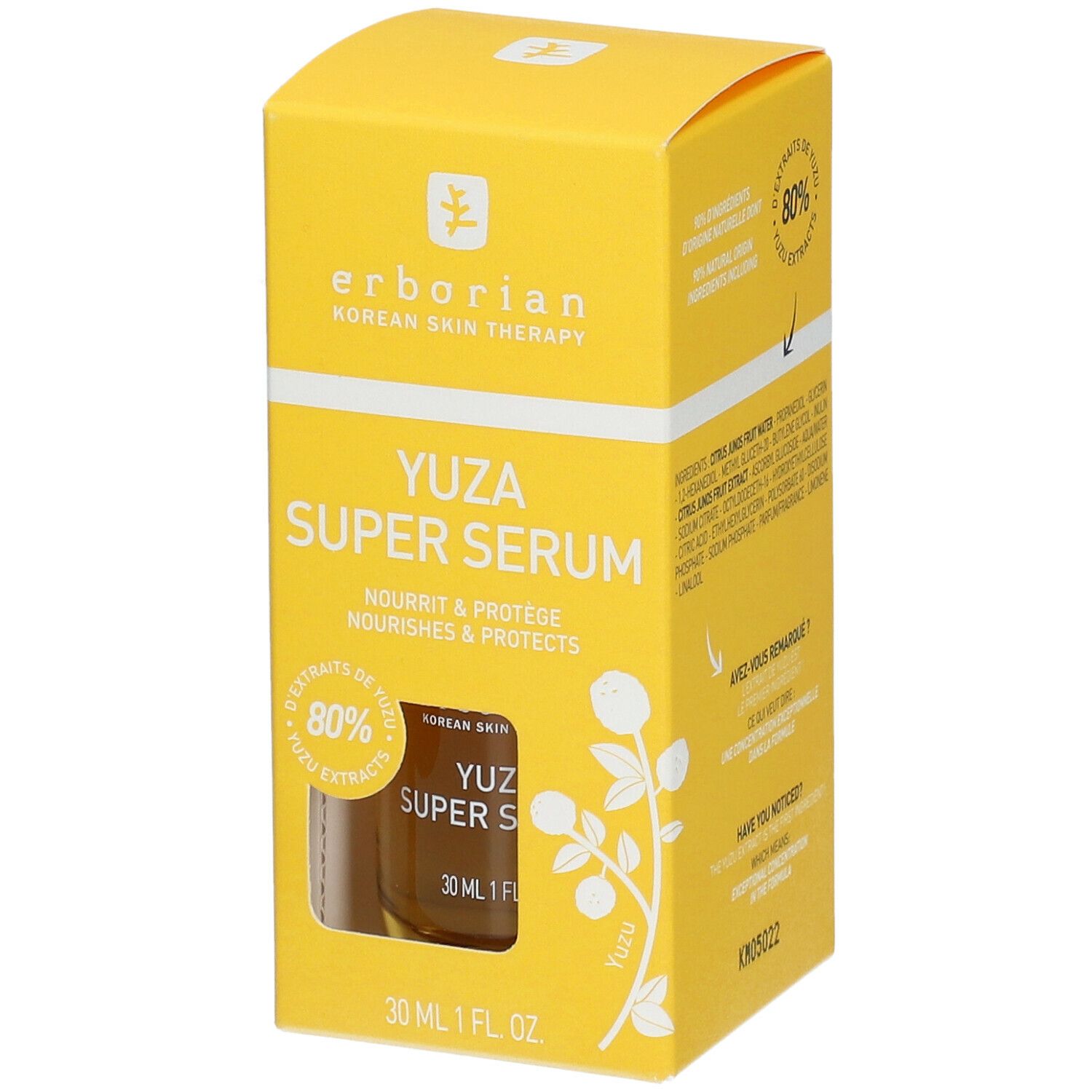 Gelbe Schachtel mit "Yuza Super Serum" von Erborian. Sichtfenster zeigt Flasche. 80% Yuzu-Extrakte.