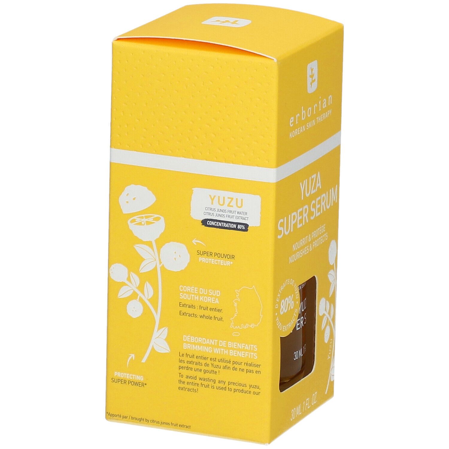 Gelbe Schachtel "Yuza Super Serum" von Erborian. Text über Yuzu-Extrakt und Inhaltsstoffe. 80% Yuzu.