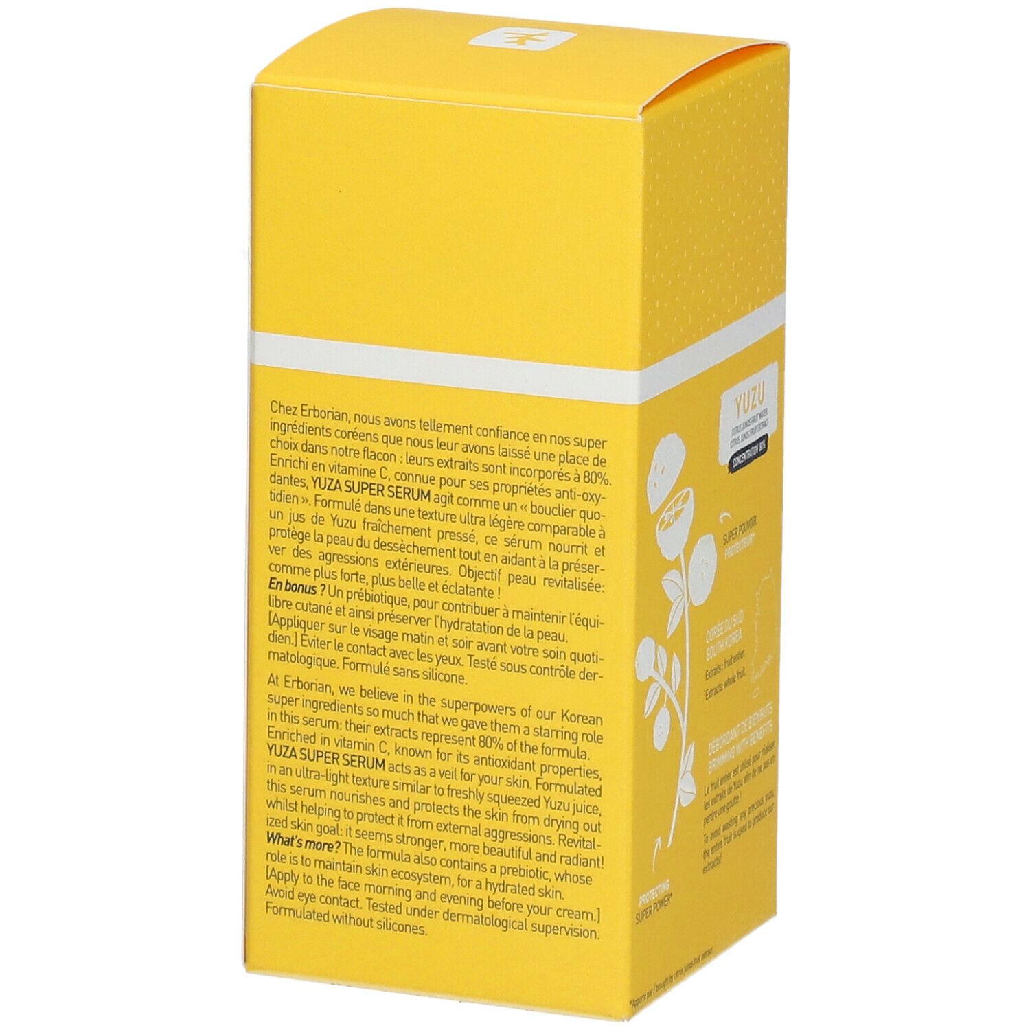 Gelbe Schachtel "Yuza Super Serum" von Erborian. Text über Inhaltsstoffe und Vorteile. Ohne Silikone.