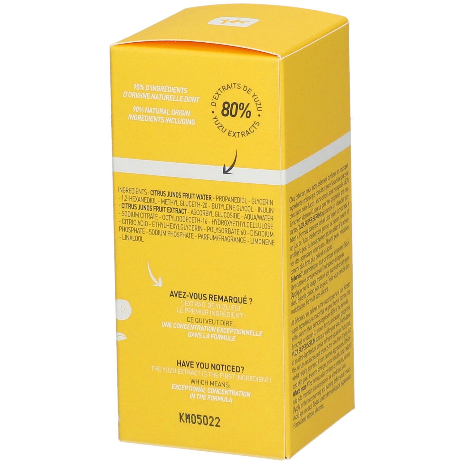 Gelbe Schachtel "Yuza Super Serum" von Erborian. Text über Inhaltsstoffe. 80% Yuzu-Extrakte. KM05022.