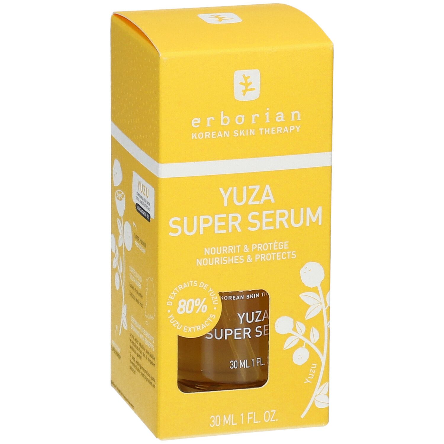 Gelbe Schachtel "Yuza Super Serum" von Erborian. Sichtfenster zeigt Flasche. 80% Yuzu-Extrakte.