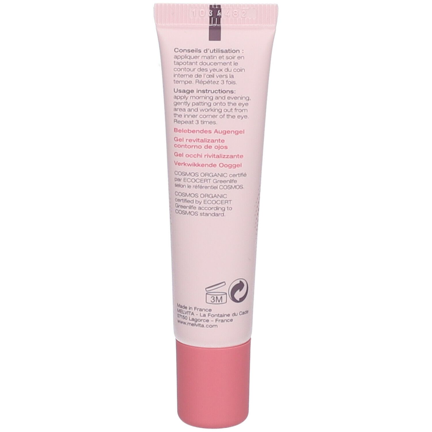 Rückseite einer rosa Tube mit Augenpflegegel. Text in mehreren Sprachen. Bio-Zertifizierung.