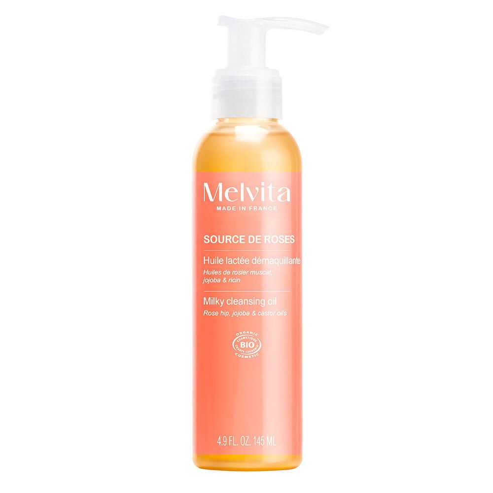 Gelbliche Flasche mit Pumpe. Text: Melvita, Source de Roses, Huile lactée démaquillante, Milky cleansing oil. Bio-Siegel.