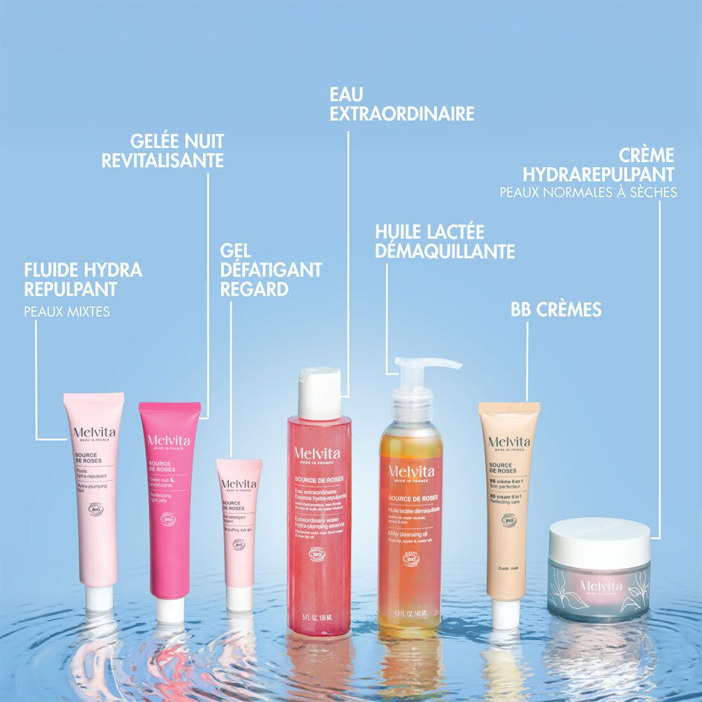 Produktreihe. Text: Melvita, Flui, Gel, Huile lactée démaquillante, Crème, BB Crèmes, Eau Extraordinaire.