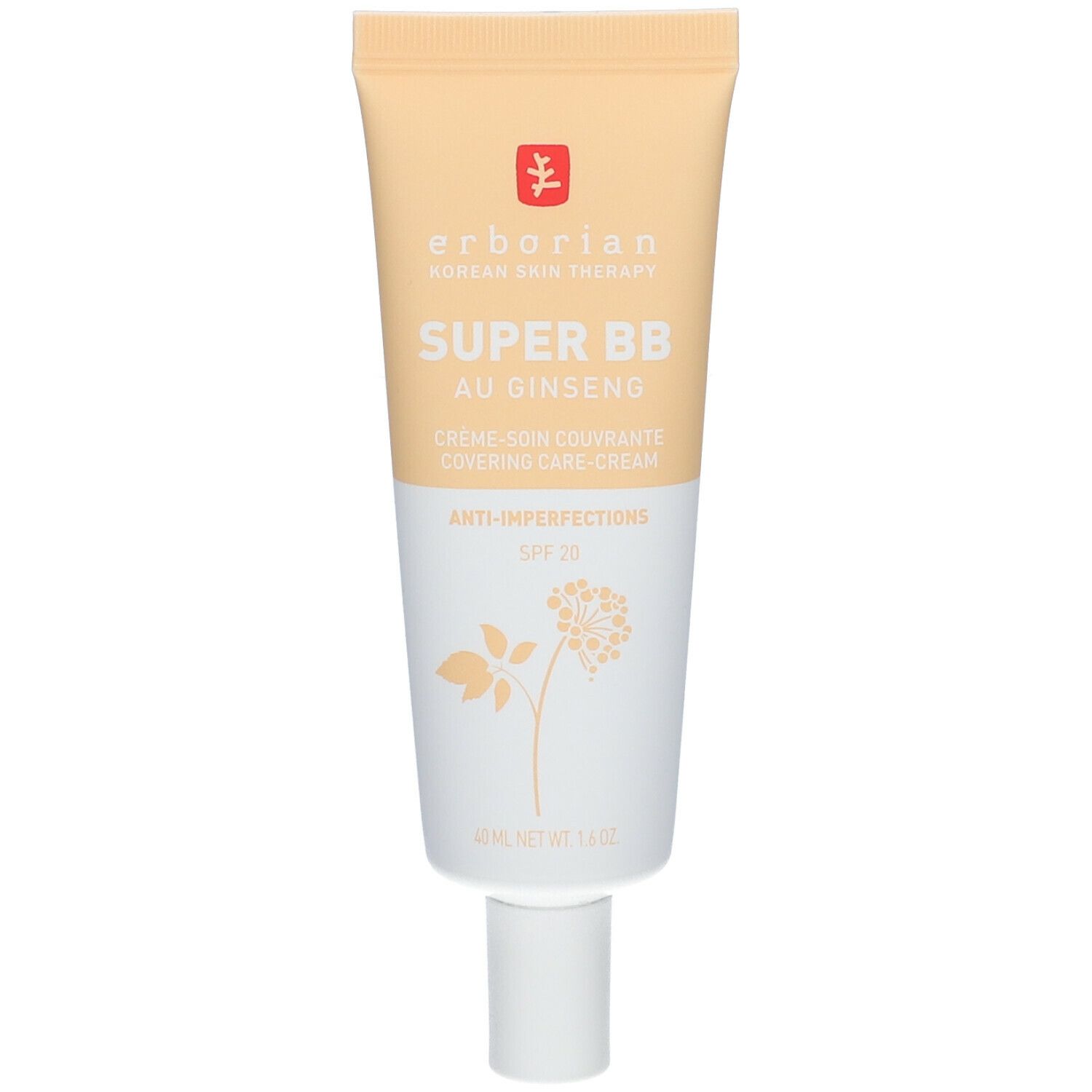 Creme-Tube mit Aufschrift SUPER BB AU GINSENG, Marke Erborian. Enthält 40 ml. Mit SPF 20. Weiß-gelbe Tube.