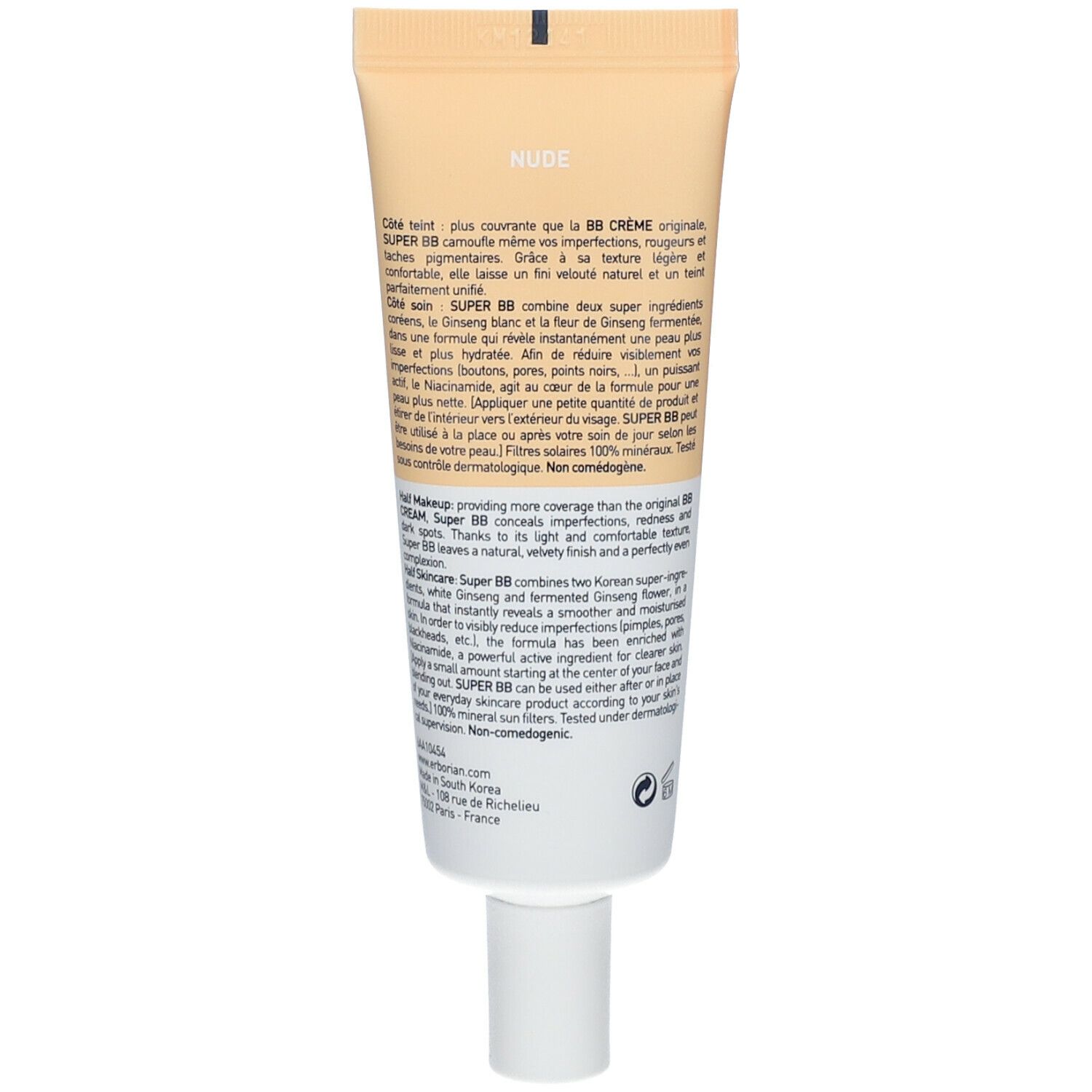 Rückseite der Creme-Tube SUPER BB AU GINSENG. Text mit Inhaltsstoffen und Produktinformationen. Weiß-gelbe Tube.