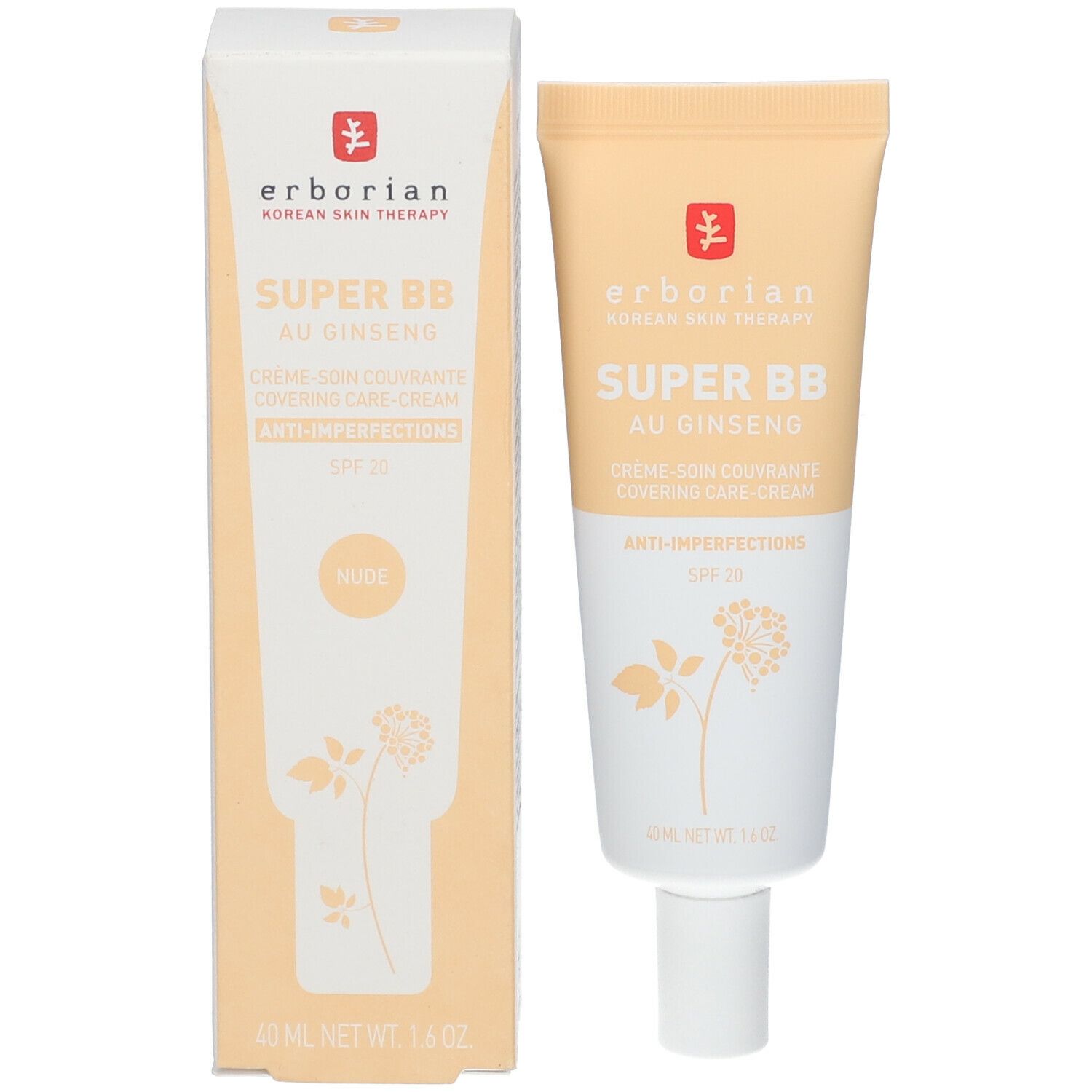 Produktverpackung mit Creme-Tube SUPER BB AU GINSENG und Karton. Marke Erborian. Mit SPF 20. Gelb-weiß.