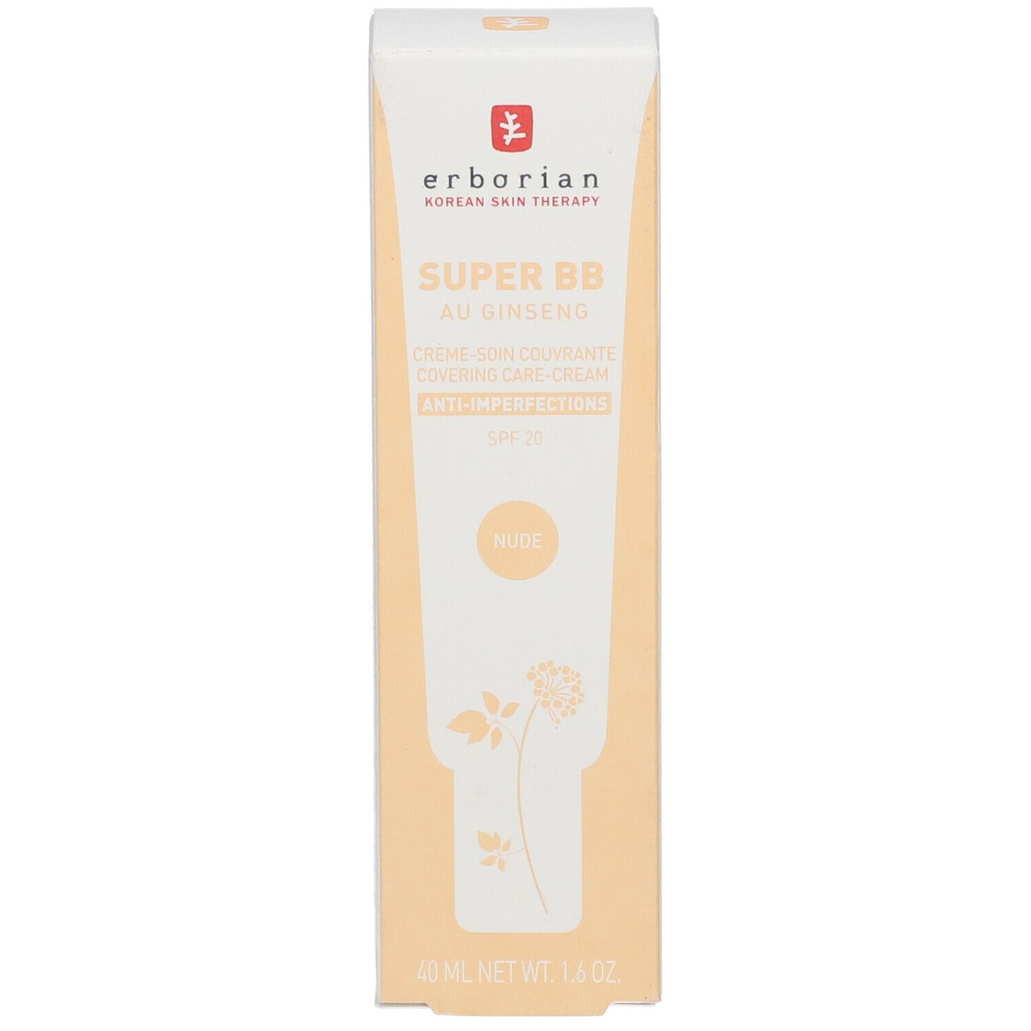 Produktverpackung, Karton mit Creme SUPER BB AU GINSENG. Marke Erborian. Mit SPF 20. Gelb-weiß.