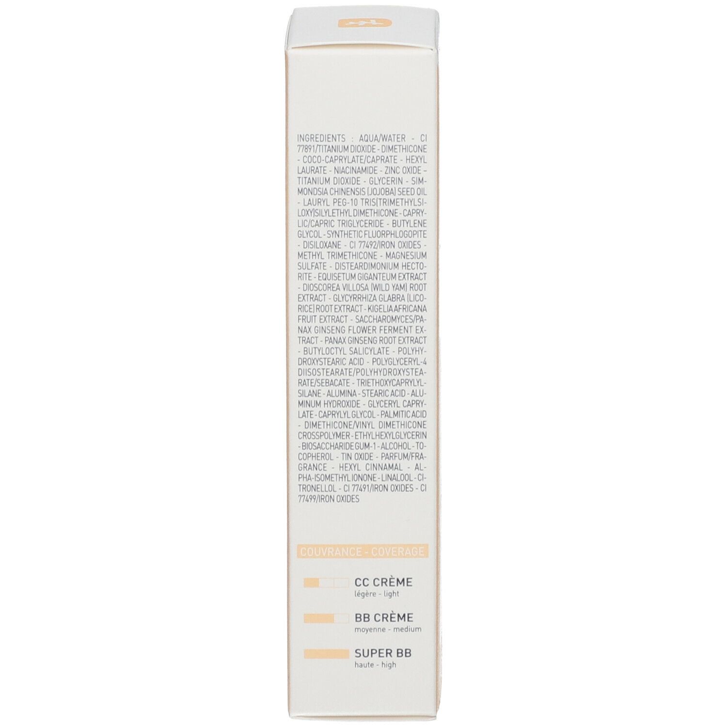 Seite der Produktverpackung mit Inhaltsstoffen und Produktinformationen. Gelb-weiße Verpackung.