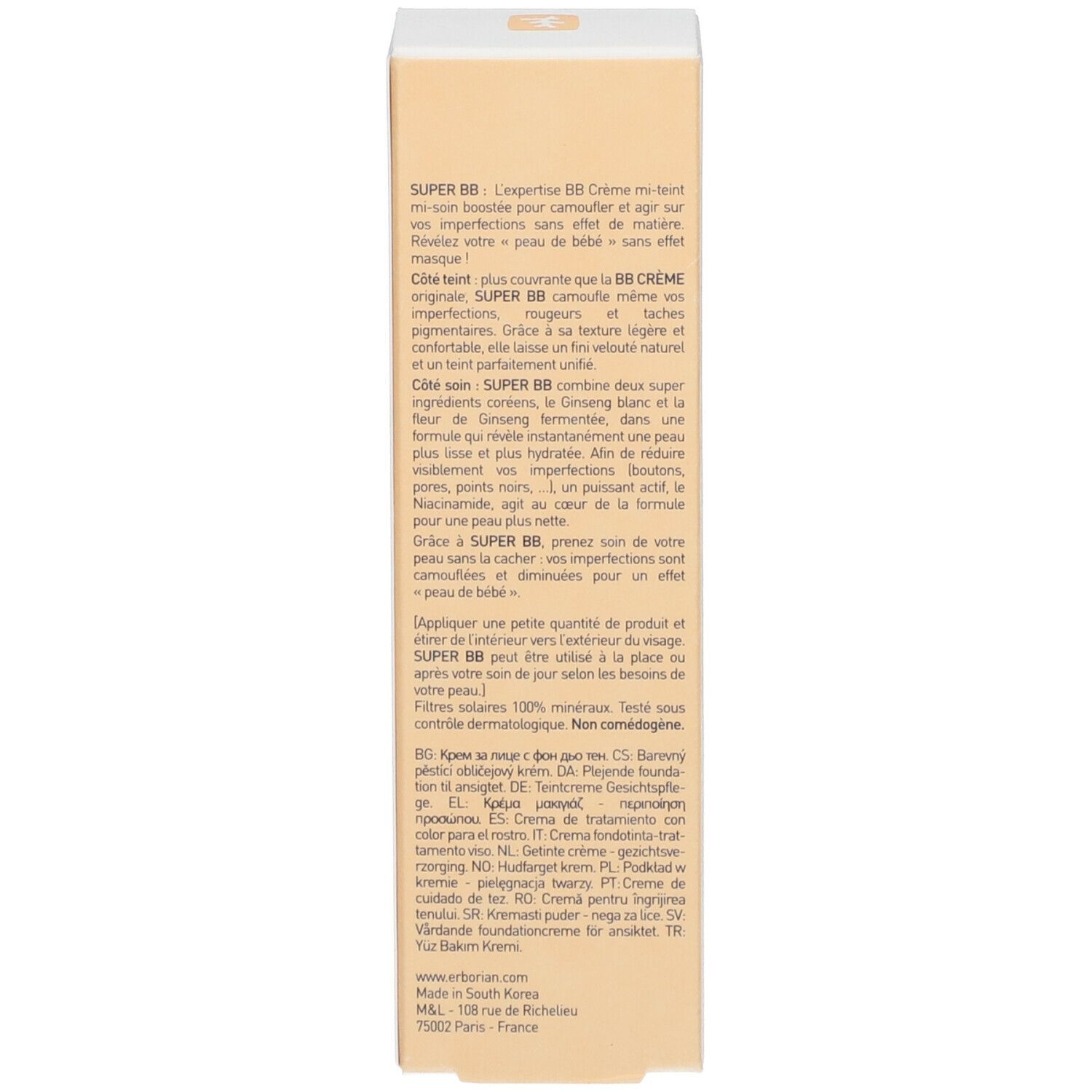 Seite der Produktverpackung mit Produktinformationen. Gelb-weiße Verpackung.