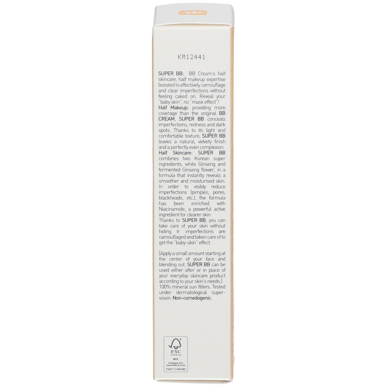 Seite der Produktverpackung mit Produktinformationen. Gelb-weiße Verpackung.