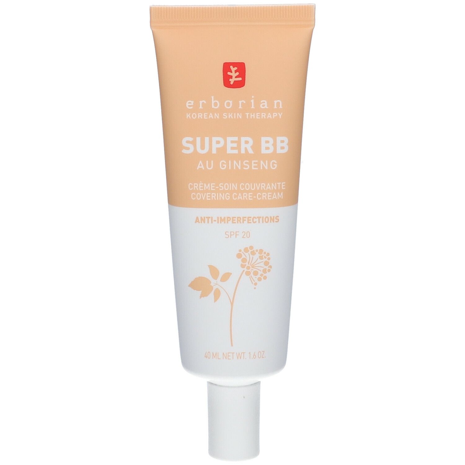 Erborian Super BB Creme Tube. Beige-farbener Tubenkörper mit weißem Boden. Text: Super BB, Au Ginseng, Anti-Imperfections, SPF 20.