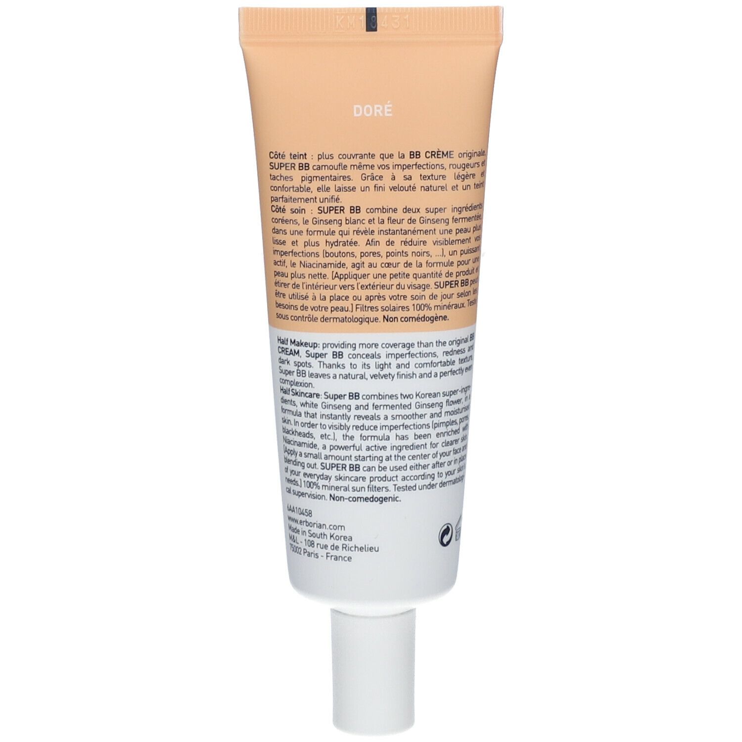 Rückseite der Erborian Super BB Creme Tube. Text: Inhaltsstoffe, Beschreibung, Farbton Dore. 40 ml. Nicht komedogen.