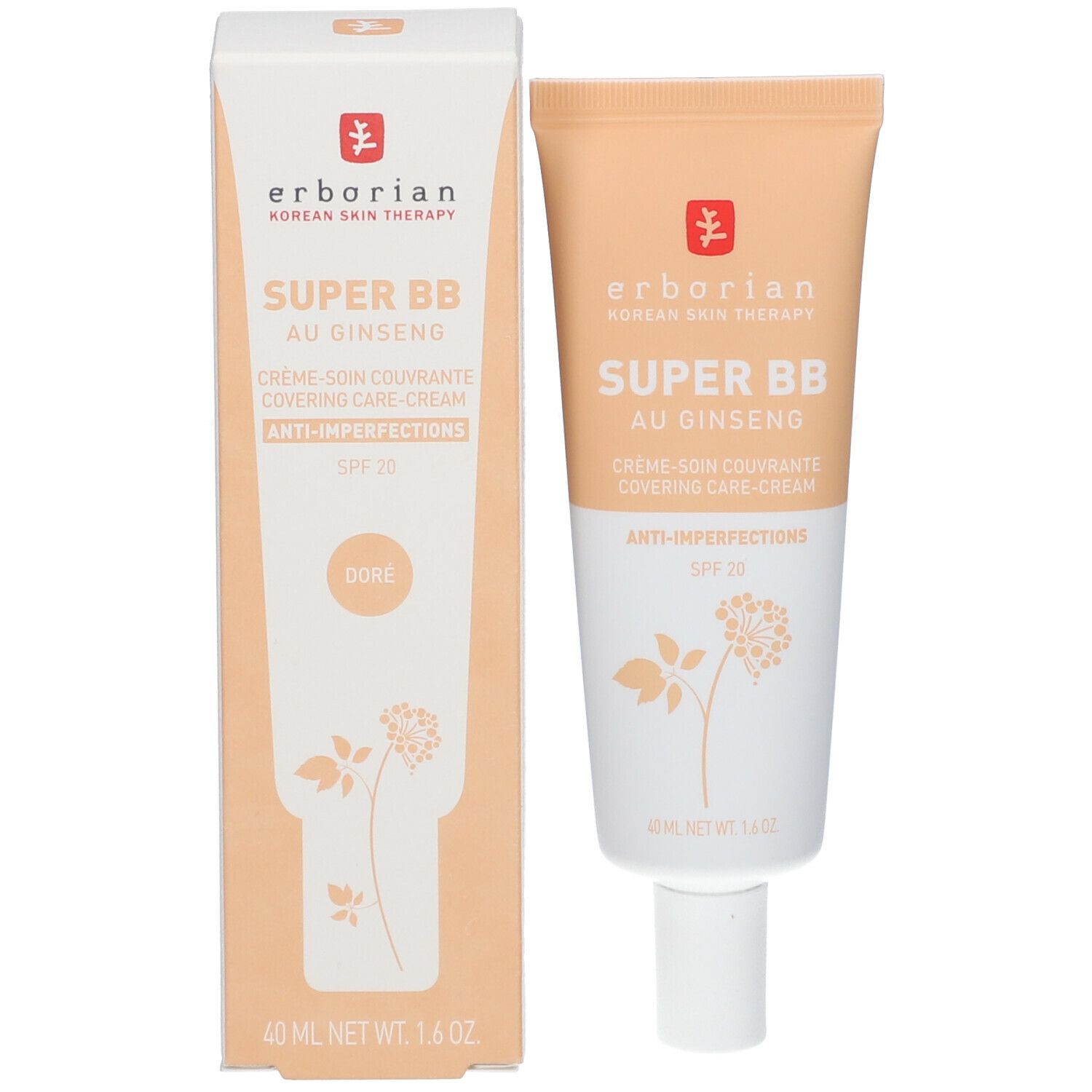 Erborian Super BB Creme und Verpackung. Beige Verpackung mit Tube. Text: Super BB, Au Ginseng, Anti-Imperfections, SPF 20. 40 ml.