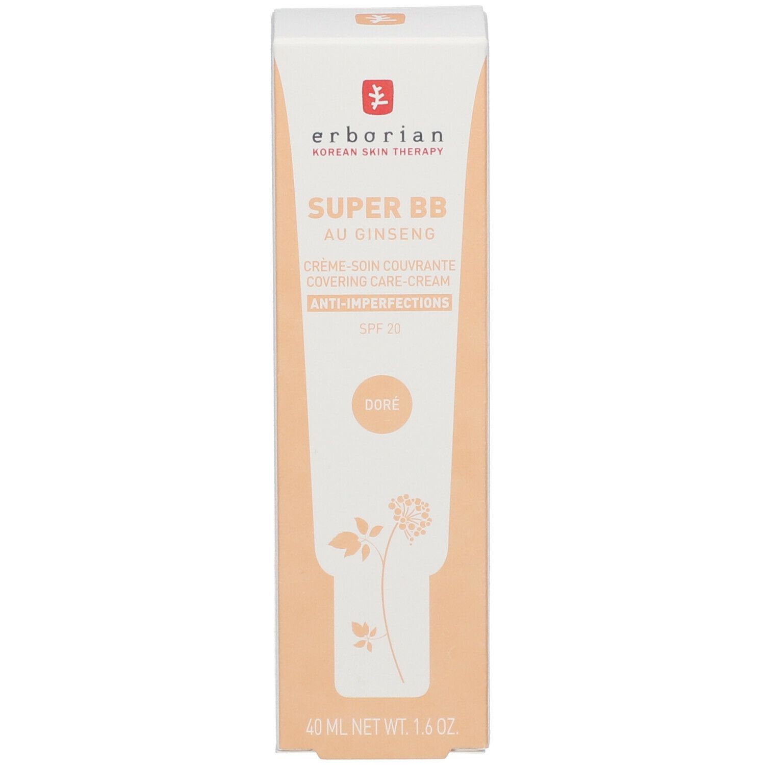 Erborian Super BB Creme Verpackung. Beige Verpackung. Text: Super BB, Au Ginseng, Anti-Imperfections, SPF 20. 40 ml.
