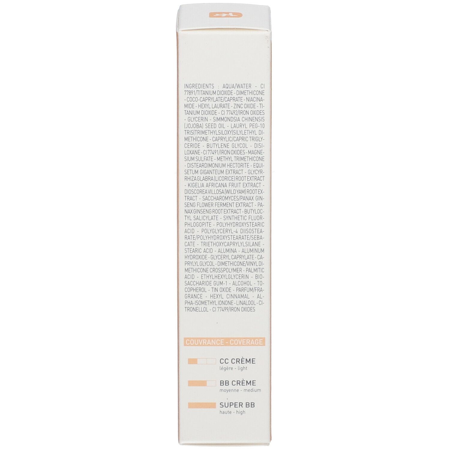Rückseite der Erborian Super BB Creme Verpackung. Text: Inhaltsstoffe, Farbton, Beschreibung. 40 ml. Nicht komedogen.