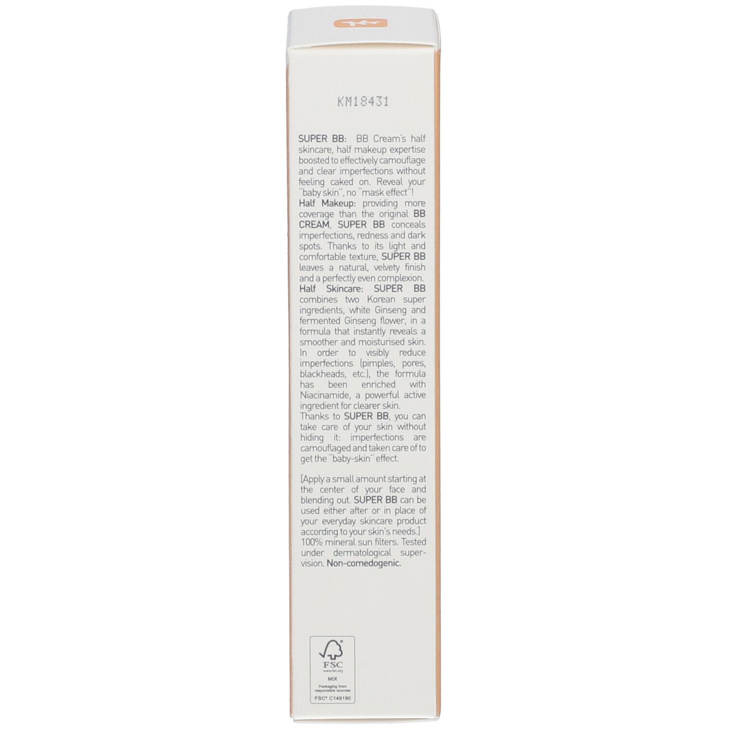 Rückseite der Erborian Super BB Creme Verpackung. Text: Beschreibung, Anwendung, Inhaltsstoffe. 40 ml. Nicht komedogen.
