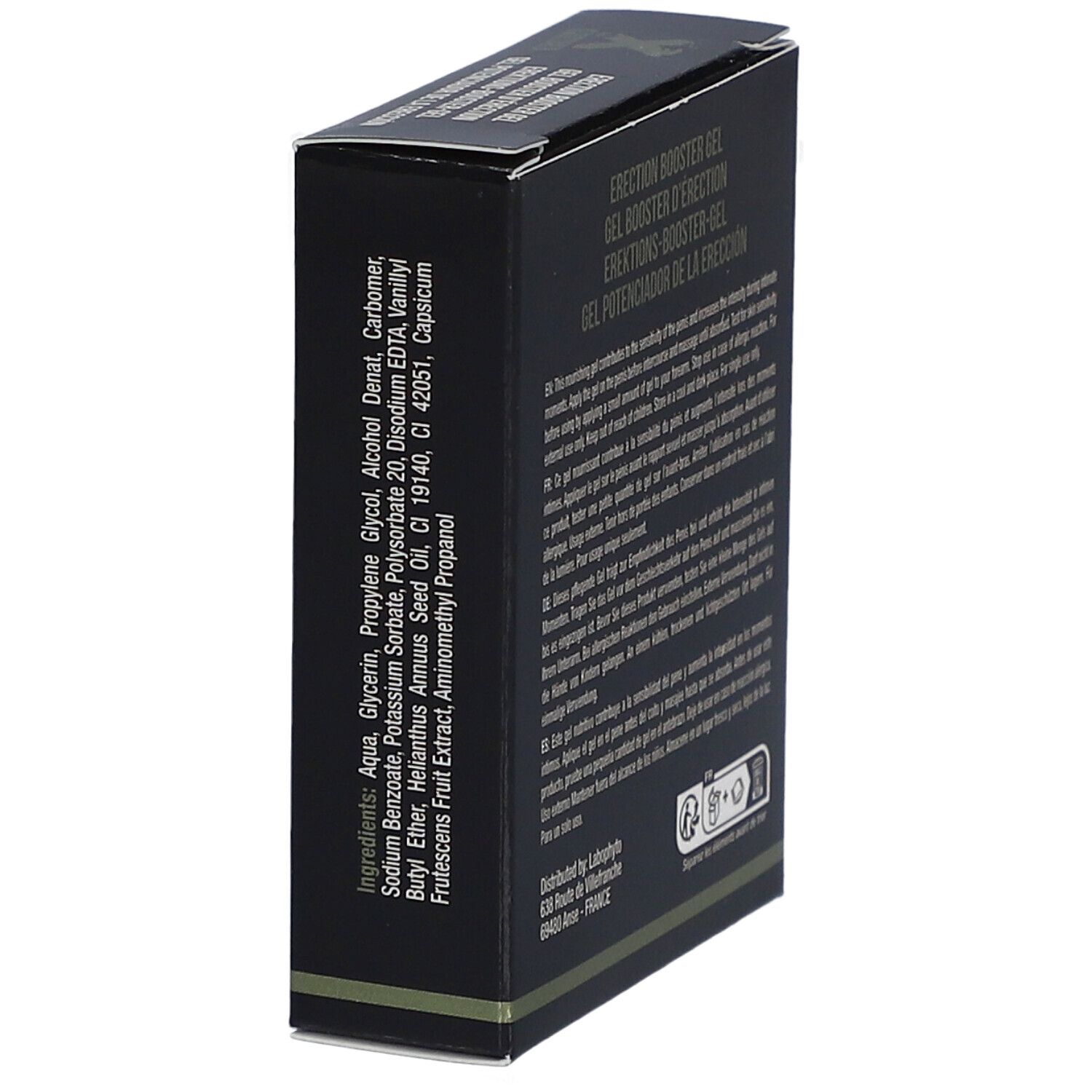 Schwarze Produktverpackung mit Text und Inhaltsstoffen.