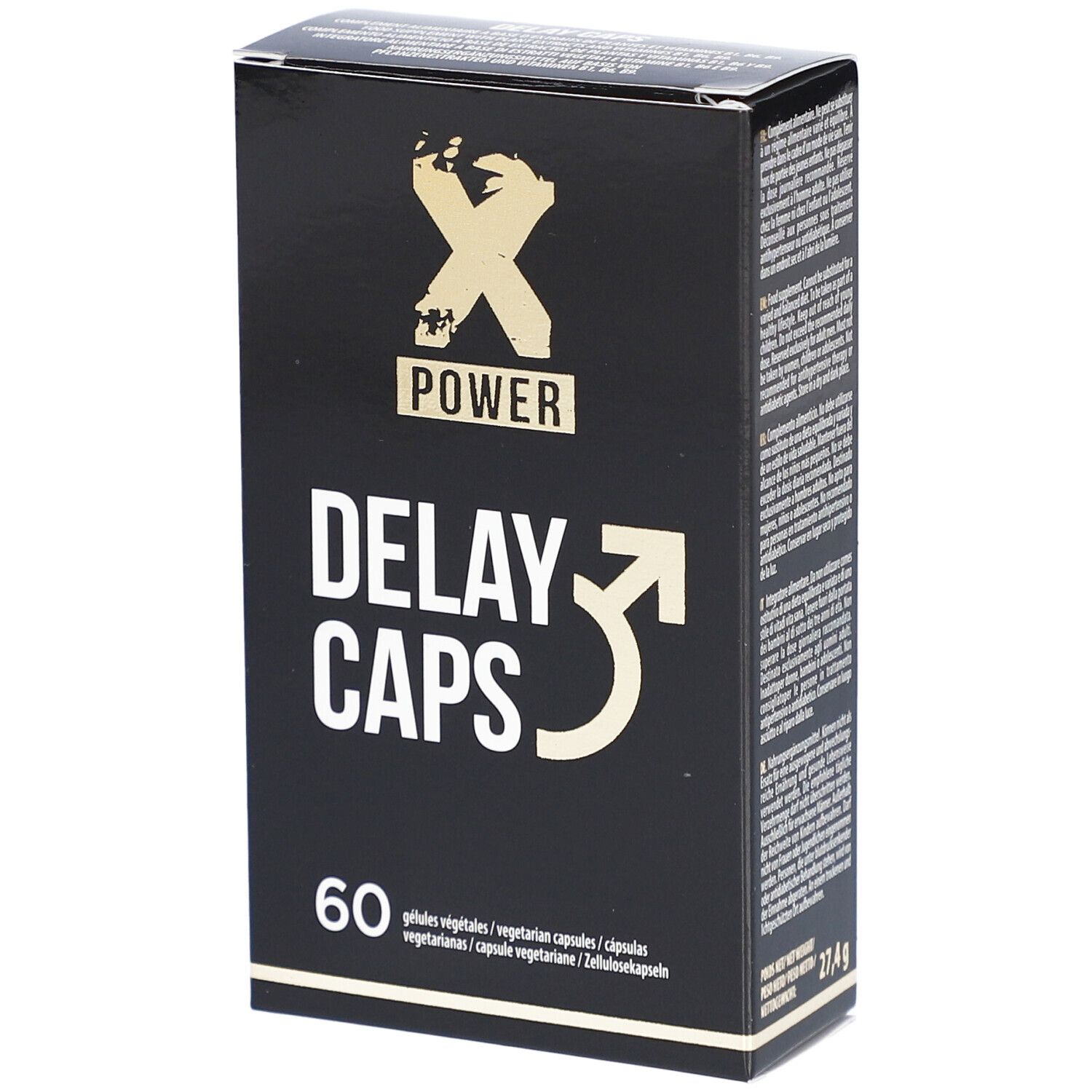 Schwarze Schachtel mit "X POWER DELAY CAPS" und 60 Kapseln. Enthält eine Abbildung eines Pfeilsymbols.