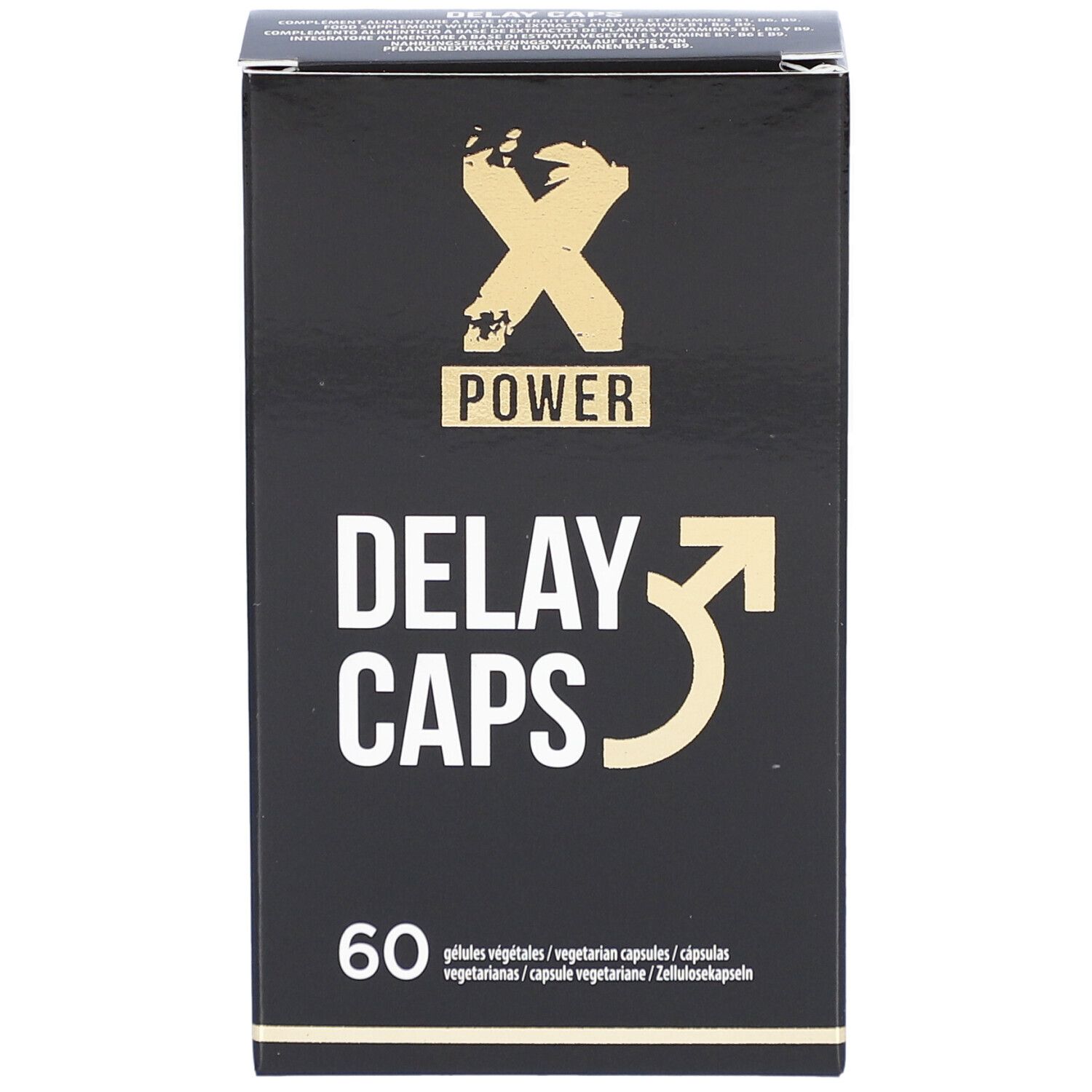Schwarze Schachtel mit "X POWER DELAY CAPS" und 60 Kapseln. Enthält eine Abbildung eines Pfeilsymbols.