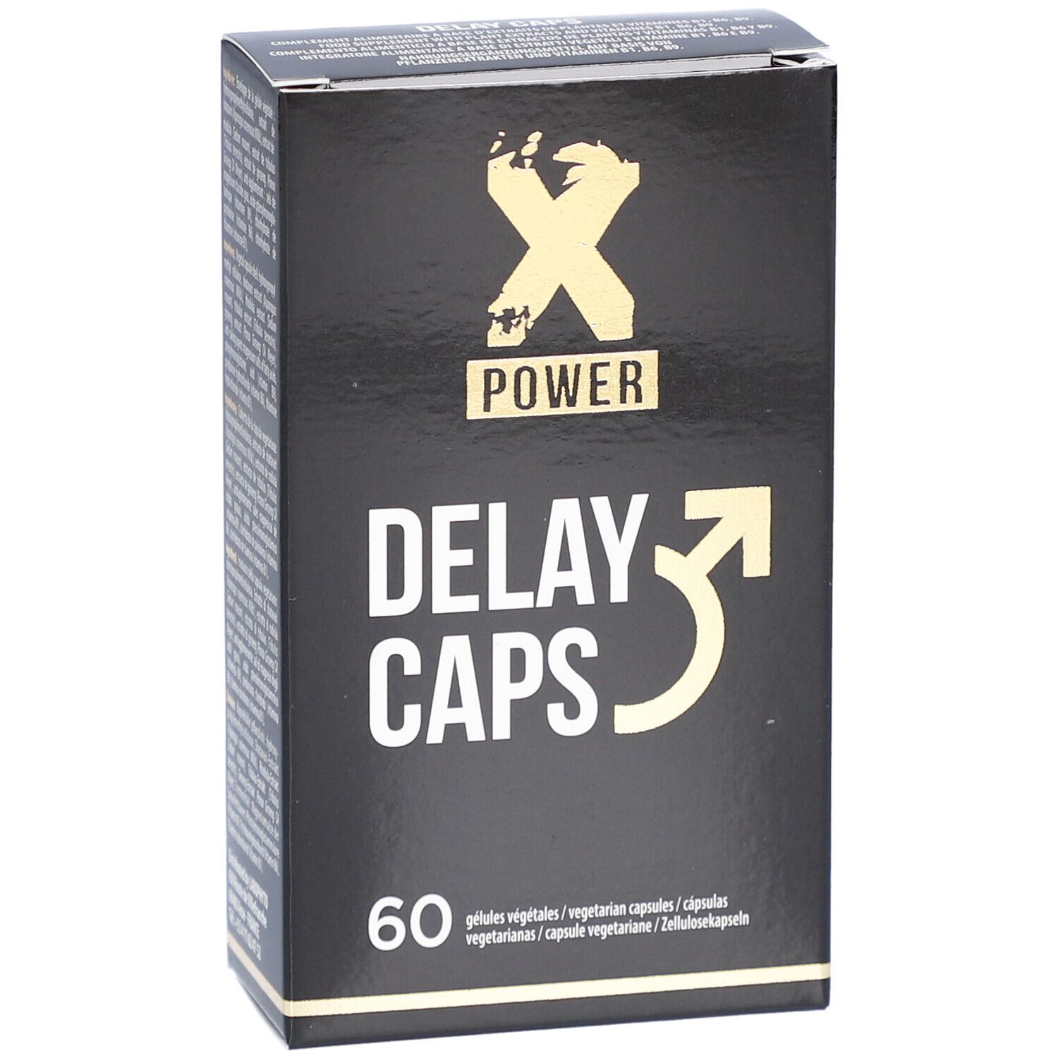 Schwarze Schachtel mit "X POWER DELAY CAPS" und 60 Kapseln. Enthält eine Abbildung eines Pfeilsymbols.